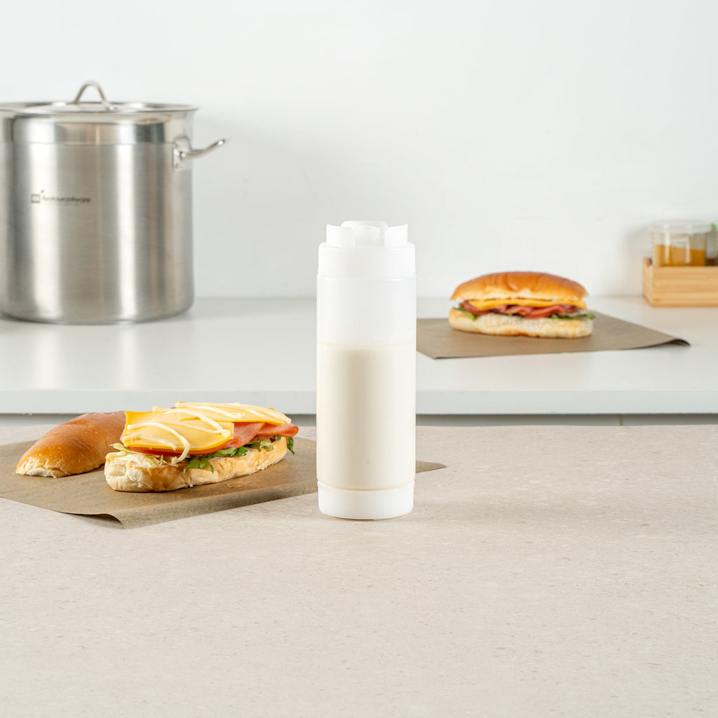 First In First Out 20 oz Clear Plastic Squeeze Bottle - Inverted, Refill & Dispensing Lid - 2 3/4" x 2 3/4" x 7 3/4" - 1 count box