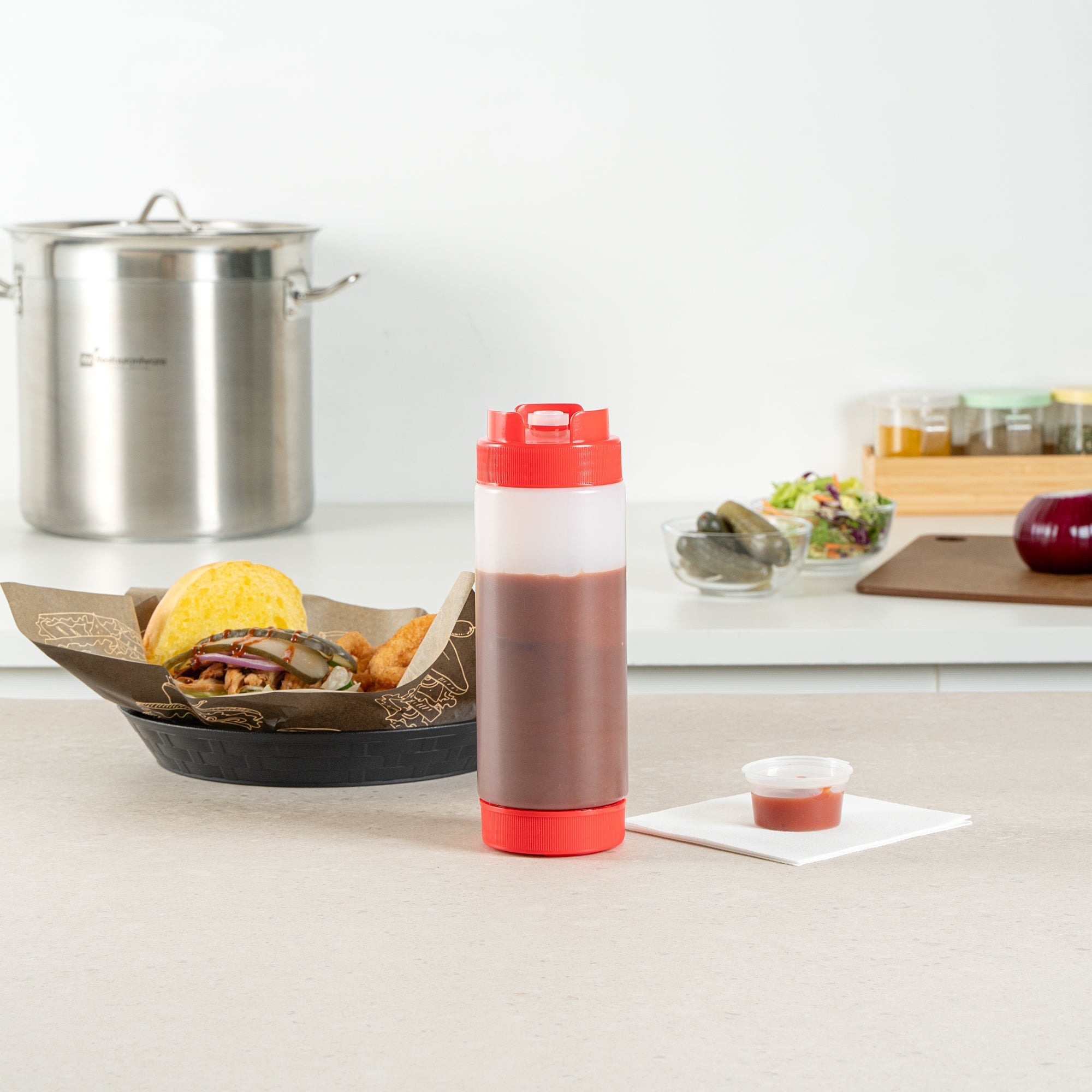 First In First Out 20 oz Red Plastic Squeeze Bottle - Inverted, Refill & Dispensing Lid - 2 3/4" x 2 3/4" x 7 3/4" - 1 count box