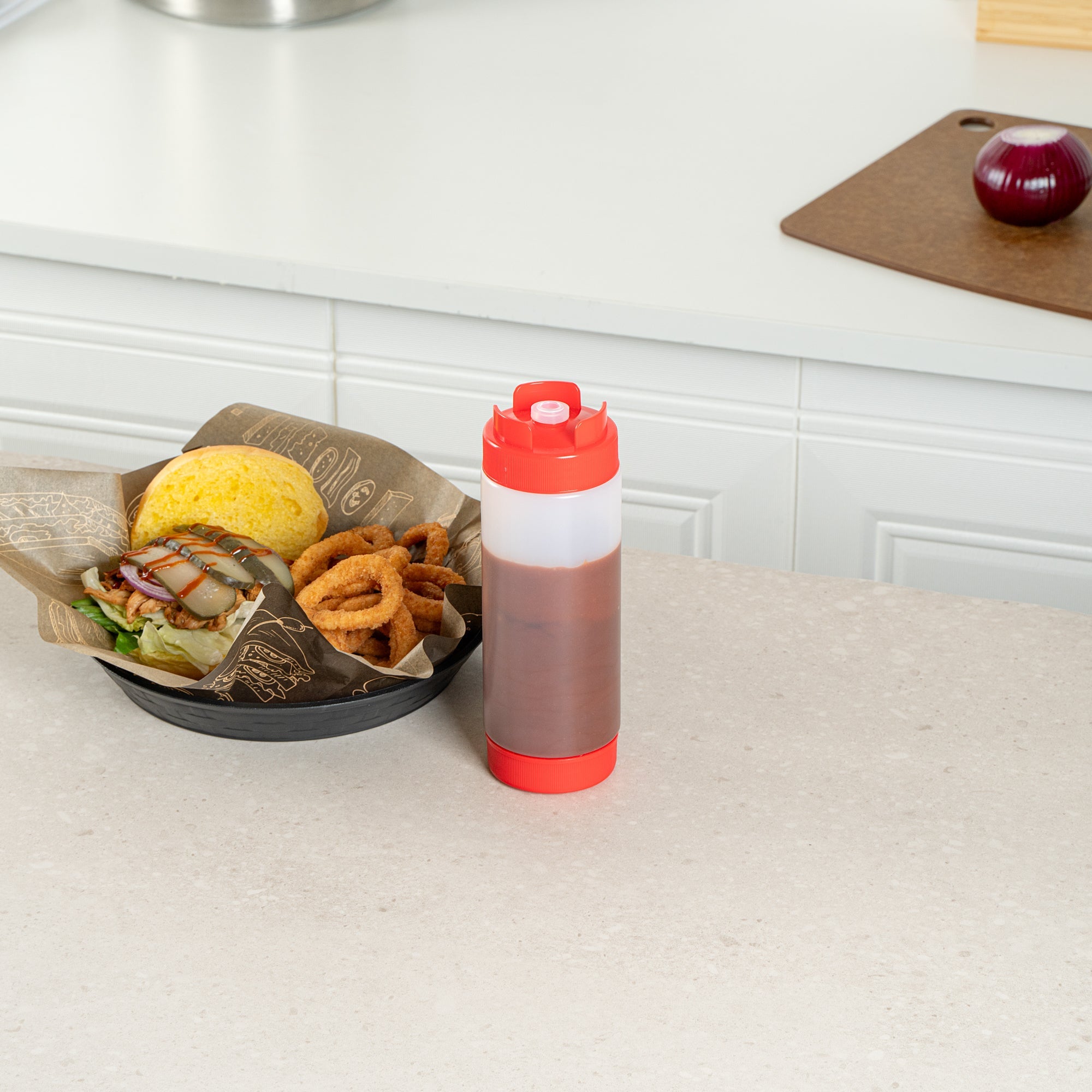First In First Out 20 oz Red Plastic Squeeze Bottle - Inverted, Refill & Dispensing Lid - 2 3/4" x 2 3/4" x 7 3/4" - 1 count box