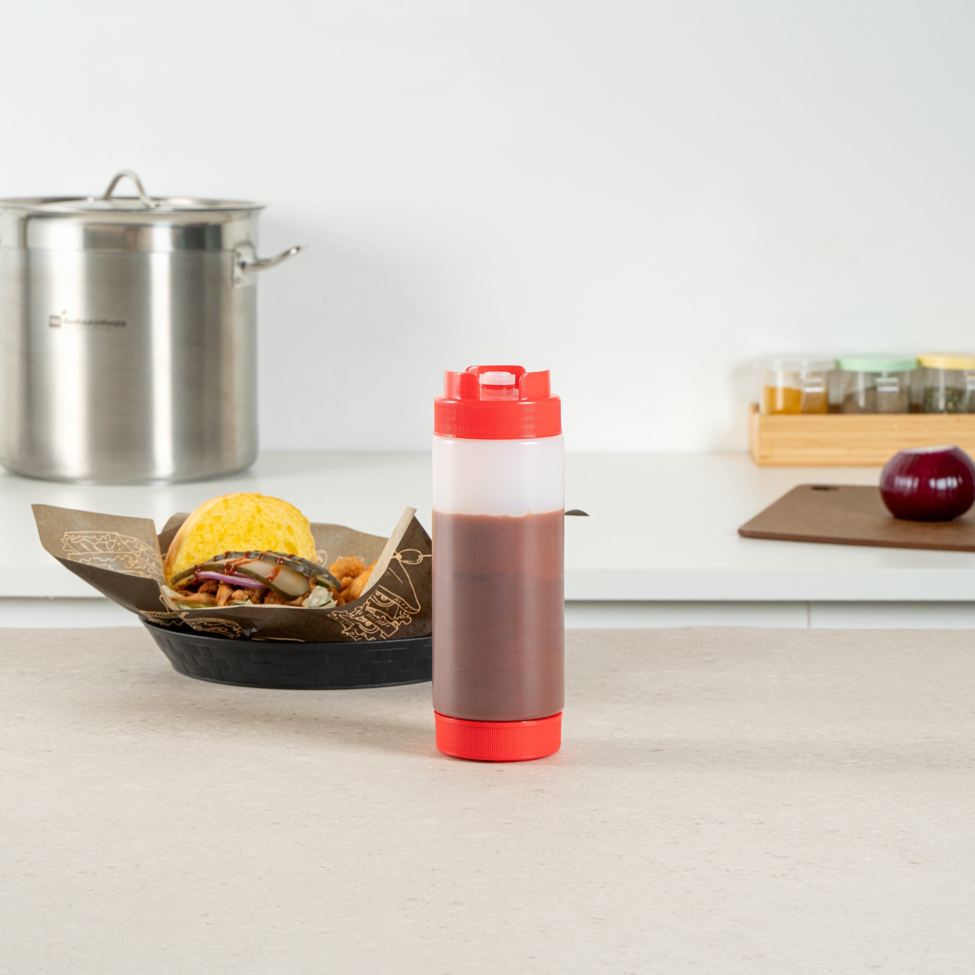 First In First Out 20 oz Red Plastic Squeeze Bottle - Inverted, Refill & Dispensing Lid - 2 3/4" x 2 3/4" x 7 3/4" - 1 count box