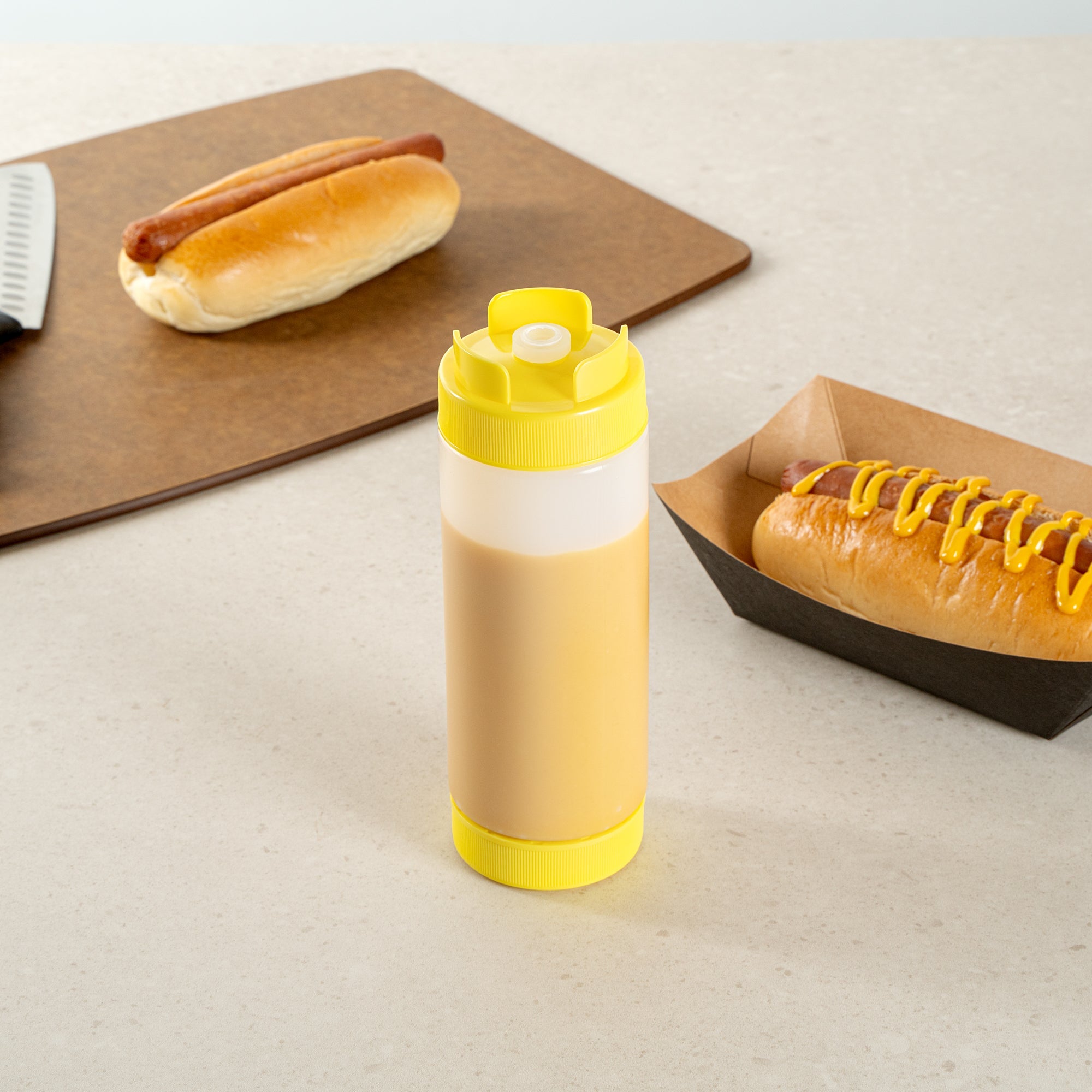 First In First Out 20 oz Yellow Plastic Squeeze Bottle - Inverted, Refill & Dispensing Lid - 2 3/4" x 2 3/4" x 7 3/4" - 1 count box