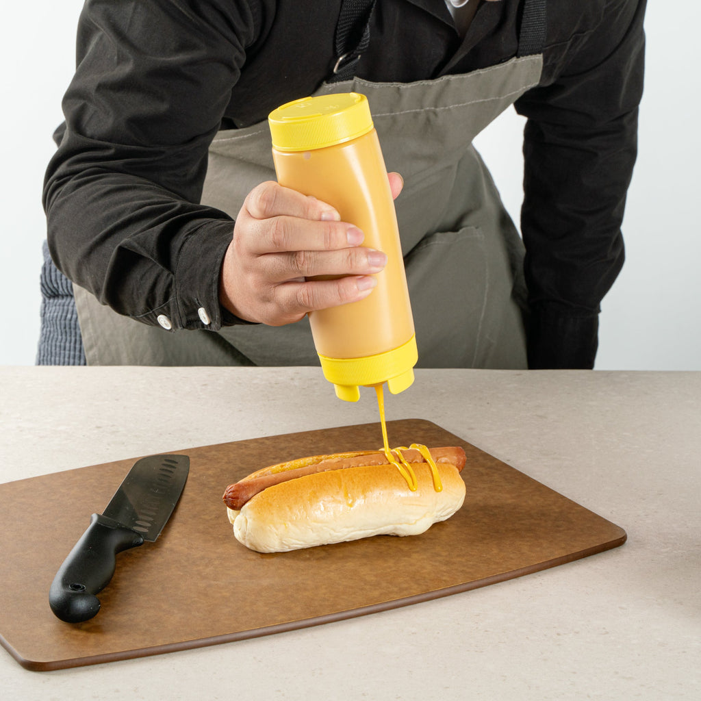 First In First Out 20 oz Yellow Plastic Squeeze Bottle - Inverted, Refill & Dispensing Lid - 2 3/4" x 2 3/4" x 7 3/4" - 1 count box