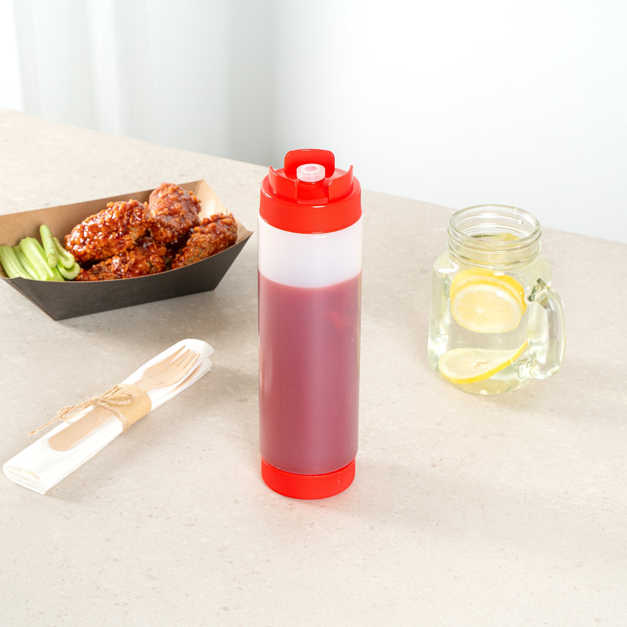 First In First Out 24 oz Red Plastic Squeeze Bottle - Inverted, Refill & Dispensing Lid - 2 3/4" x 2 3/4" x 9 1/4" - 1 count box