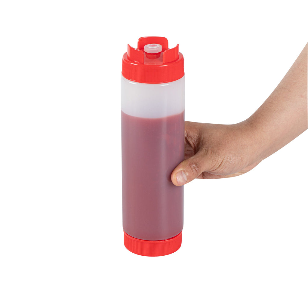 First In First Out 24 oz Red Plastic Squeeze Bottle - Inverted, Refill & Dispensing Lid - 2 3/4" x 2 3/4" x 9 1/4" - 1 count box