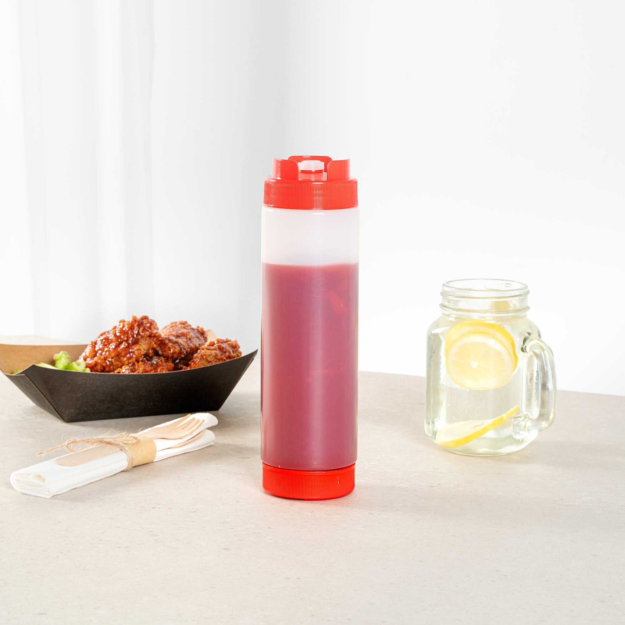 First In First Out 24 oz Red Plastic Squeeze Bottle - Inverted, Refill & Dispensing Lid - 2 3/4" x 2 3/4" x 9 1/4" - 1 count box