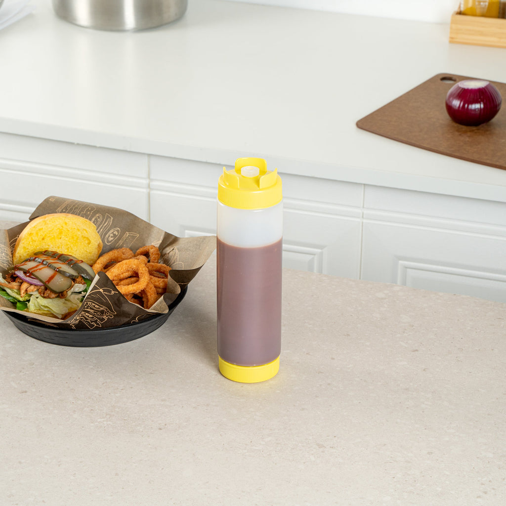 First In First Out 24 oz Yellow Plastic Squeeze Bottle - Inverted, Refill & Dispensing Lid - 2 3/4" x 2 3/4" x 9 1/4" - 1 count box