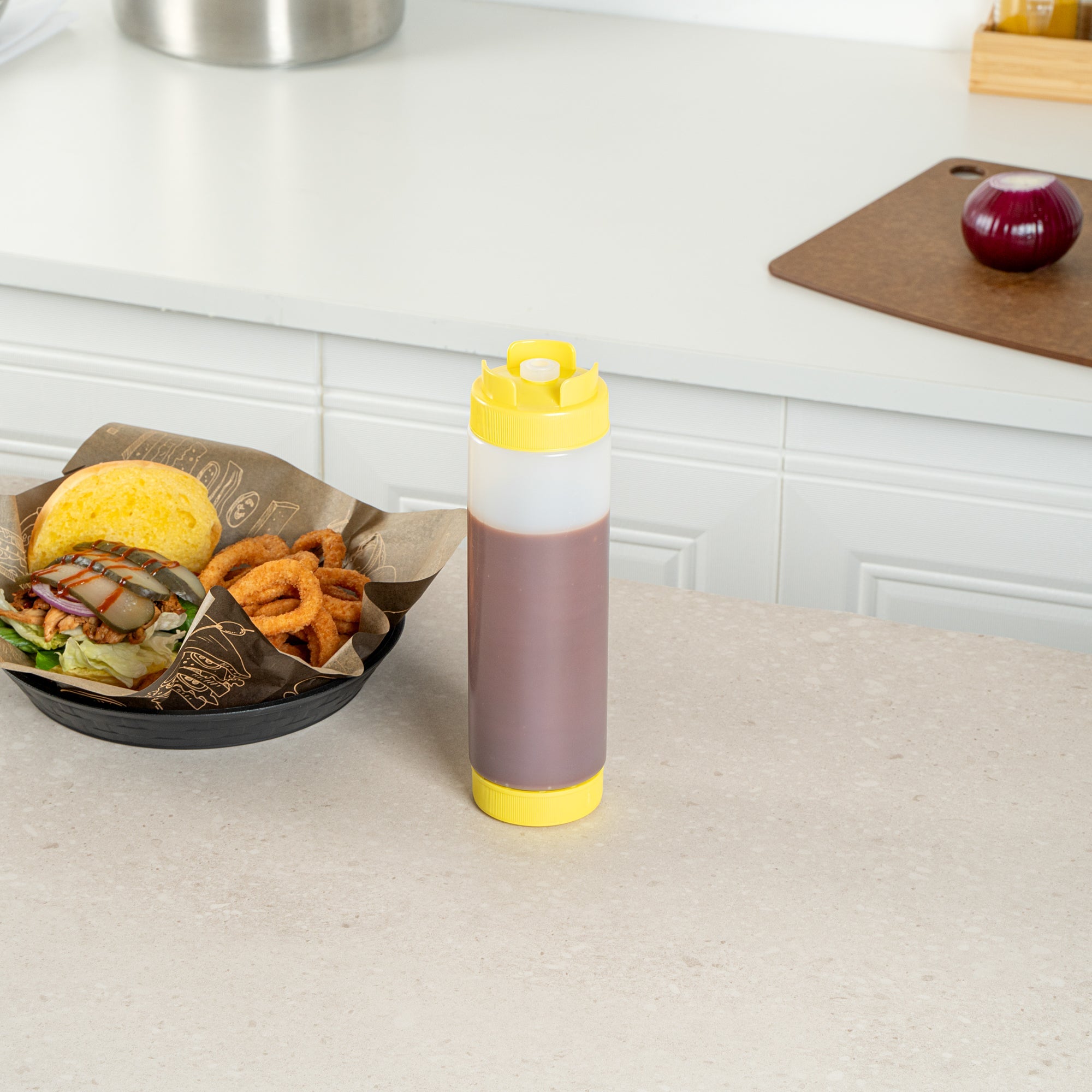 First In First Out 24 oz Yellow Plastic Squeeze Bottle - Inverted, Refill & Dispensing Lid - 2 3/4" x 2 3/4" x 9 1/4" - 1 count box