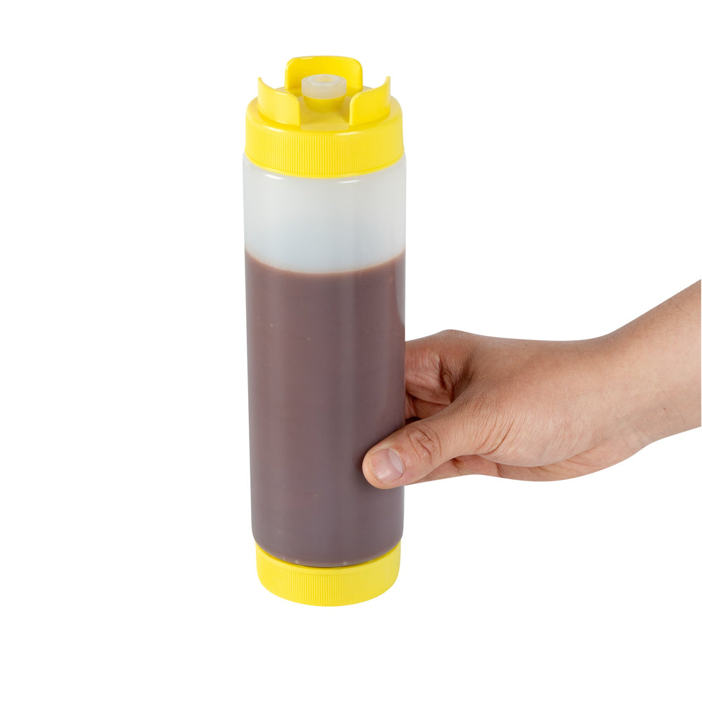 First In First Out 24 oz Yellow Plastic Squeeze Bottle - Inverted, Refill & Dispensing Lid - 2 3/4" x 2 3/4" x 9 1/4" - 1 count box