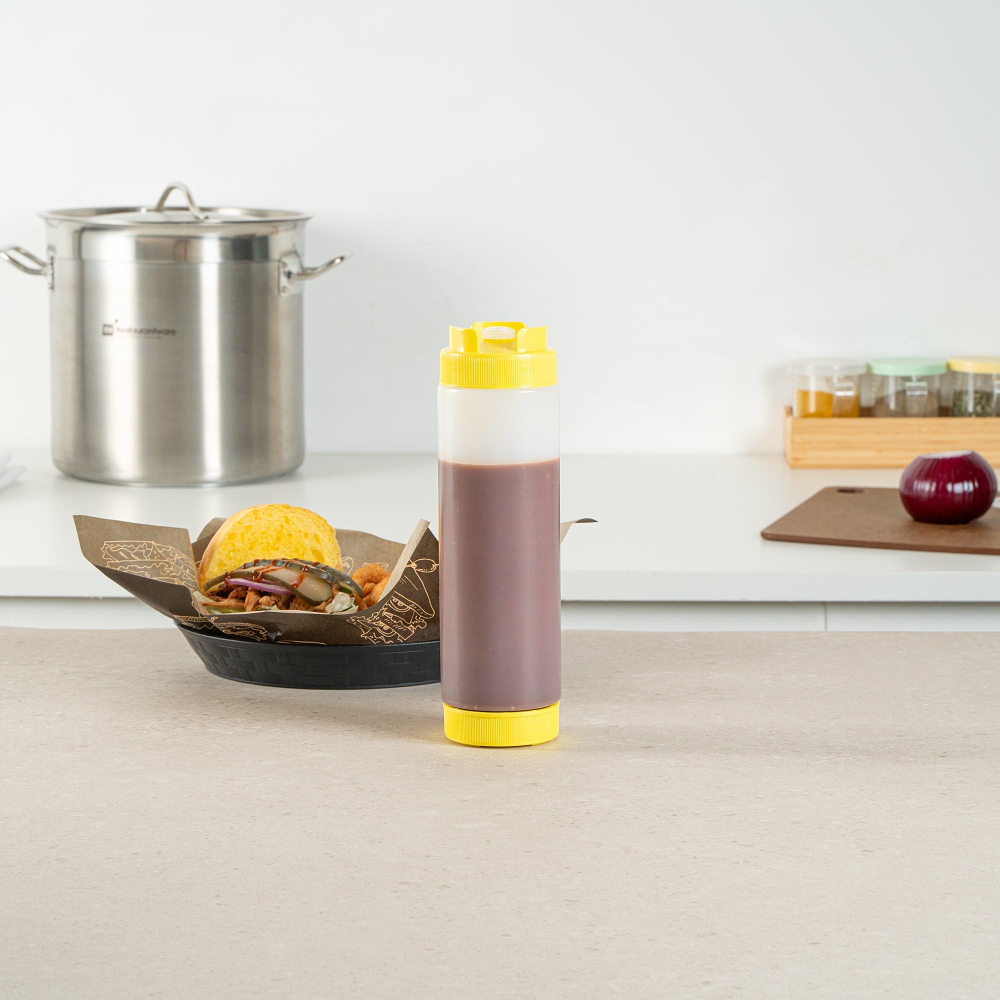 First In First Out 24 oz Yellow Plastic Squeeze Bottle - Inverted, Refill & Dispensing Lid - 2 3/4" x 2 3/4" x 9 1/4" - 1 count box