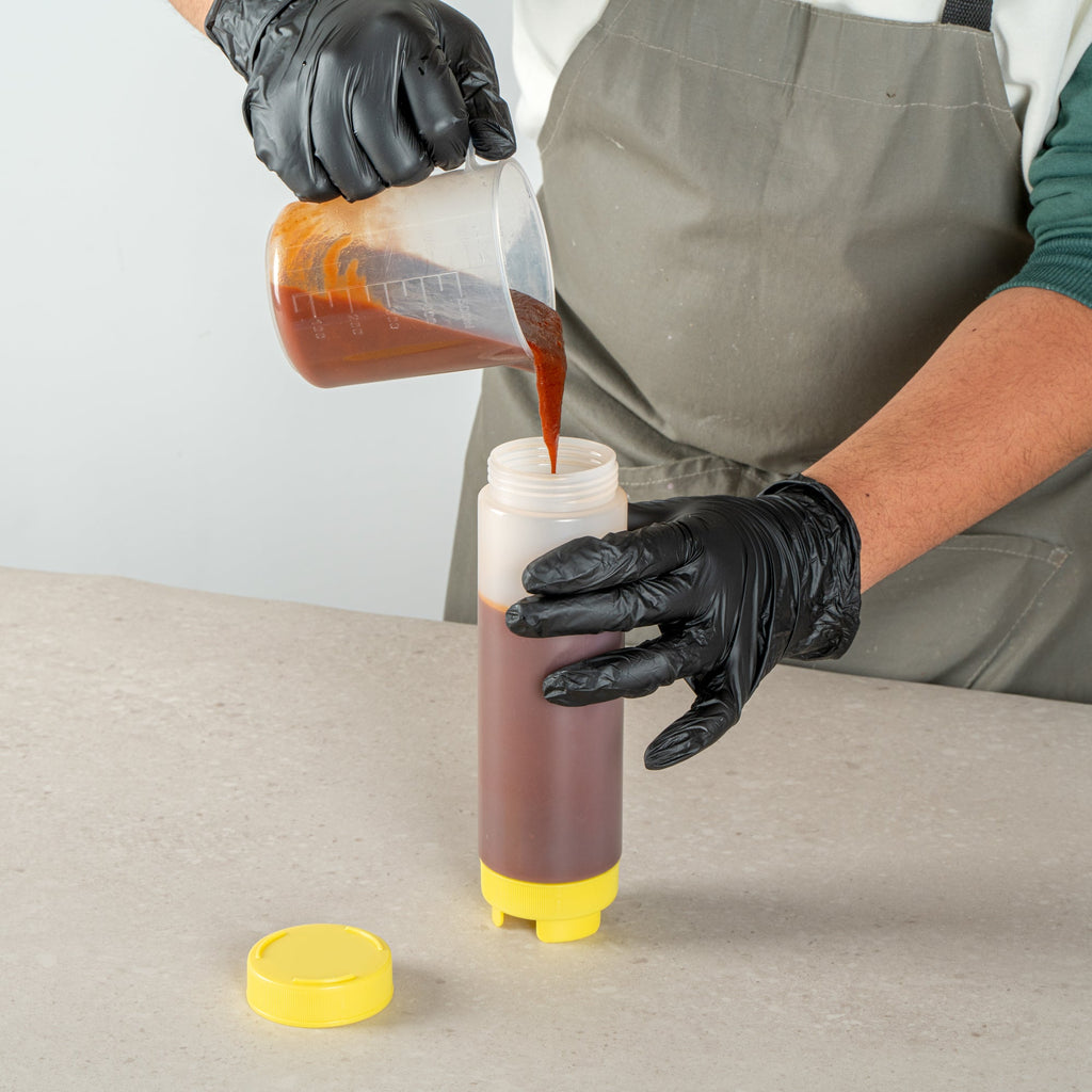 First In First Out 24 oz Yellow Plastic Squeeze Bottle - Inverted, Refill & Dispensing Lid - 2 3/4" x 2 3/4" x 9 1/4" - 1 count box