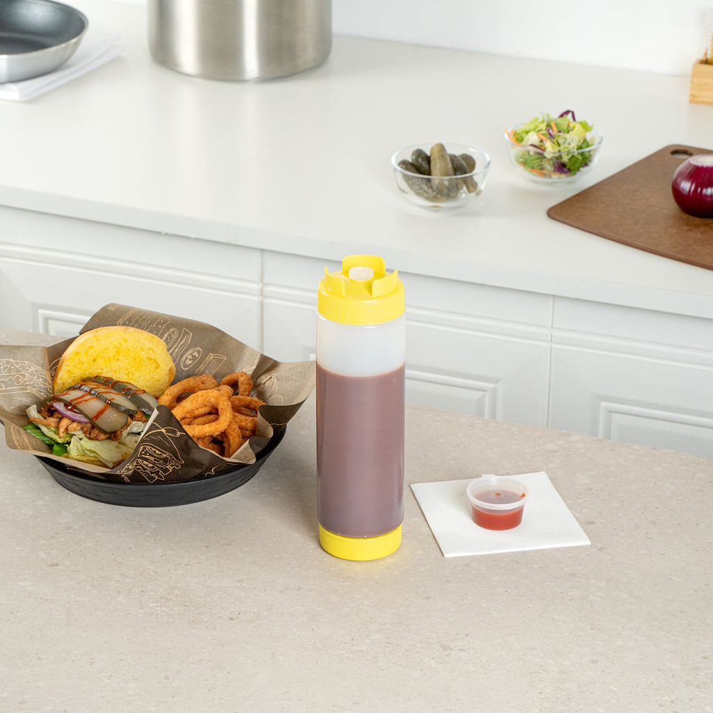 First In First Out 24 oz Yellow Plastic Squeeze Bottle - Inverted, Refill & Dispensing Lid - 2 3/4" x 2 3/4" x 9 1/4" - 1 count box