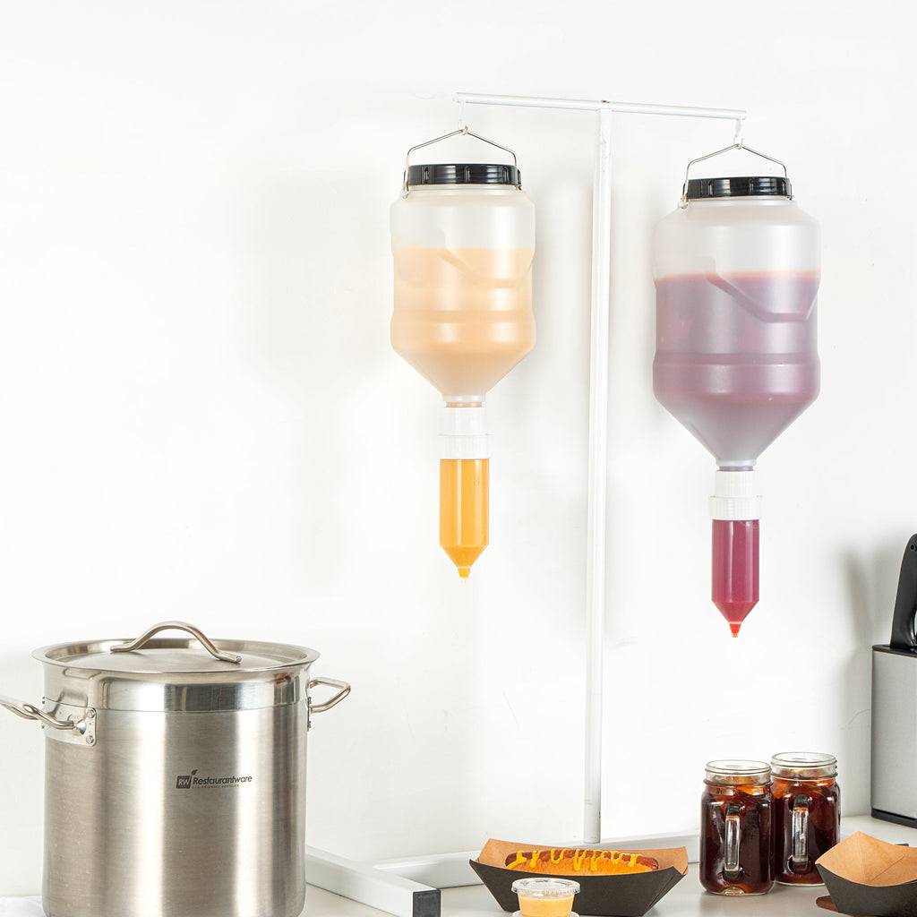 Sauce Tek 3L Plastic Hanging Bottle Condiment Pump Dispenser - with Squeeze Nozzle - 6" x 6" x 16 3/4" - 1 count box