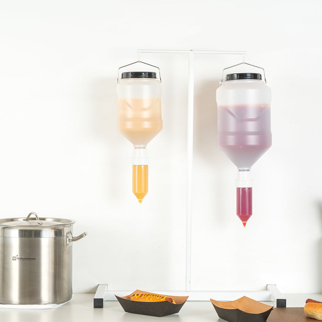 Sauce Tek 3L Plastic Hanging Bottle Condiment Pump Dispenser - with Squeeze Nozzle - 6" x 6" x 16 3/4" - 1 count box