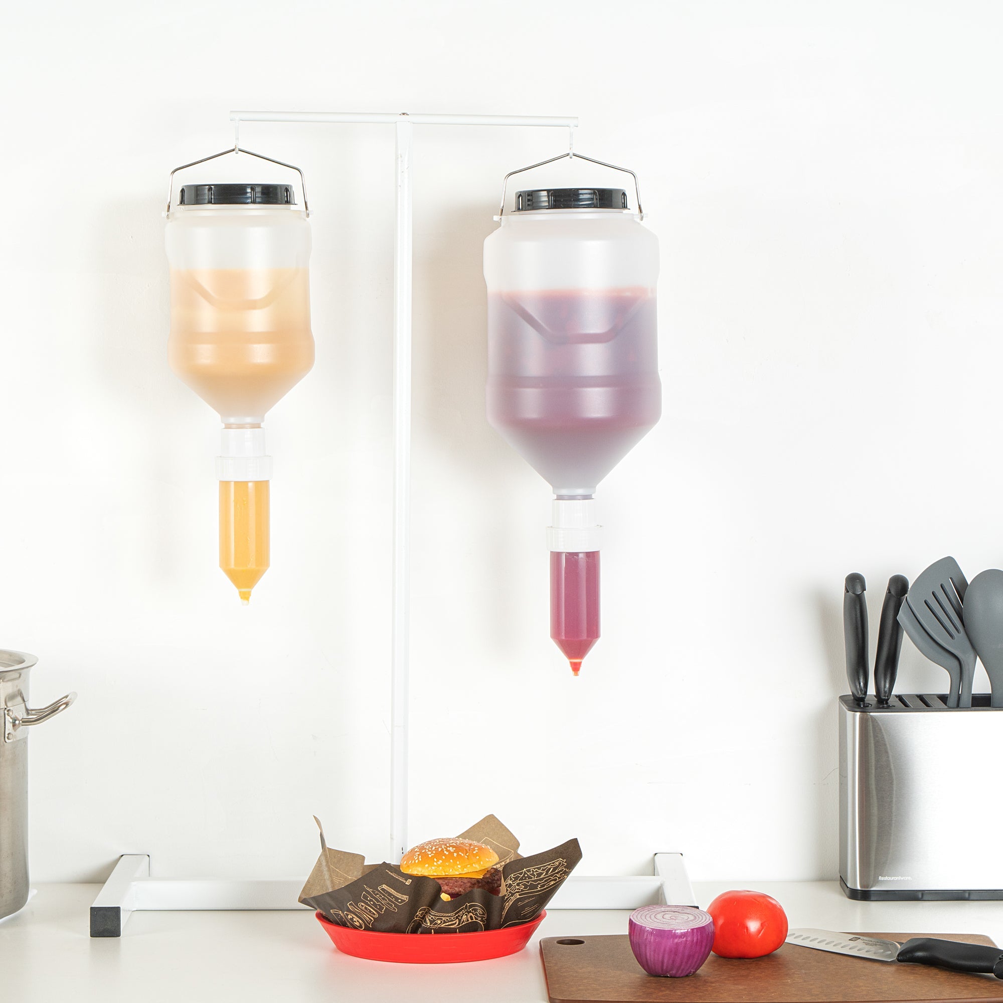 Sauce Tek 5L Plastic Hanging Bottle Condiment Pump Dispenser - with Squeeze Nozzle - 7 1/4" x 7 1/4" x 19 1/2" - 1 count box