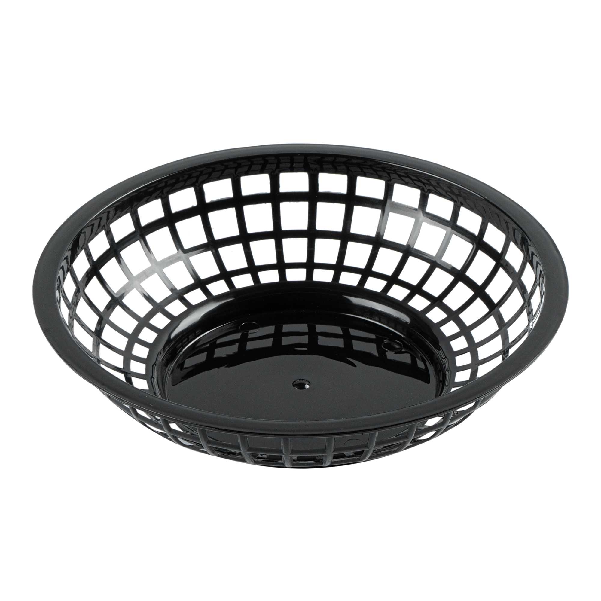 Chef 101 Round Black Plastic Fast Food Serving Basket - 7 3/4" x 7 3/4" x 2" - 10 count box