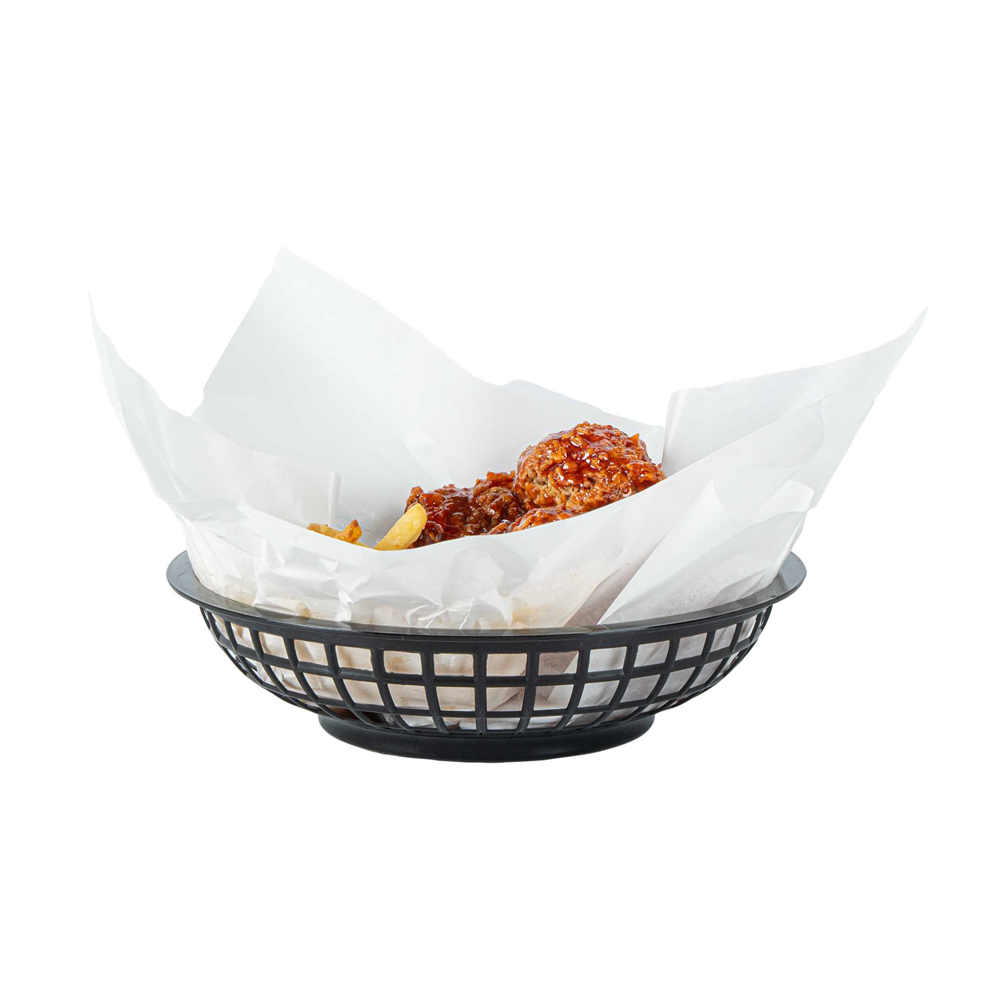 Chef 101 Round Black Plastic Fast Food Serving Basket - 7 3/4" x 7 3/4" x 2" - 10 count box