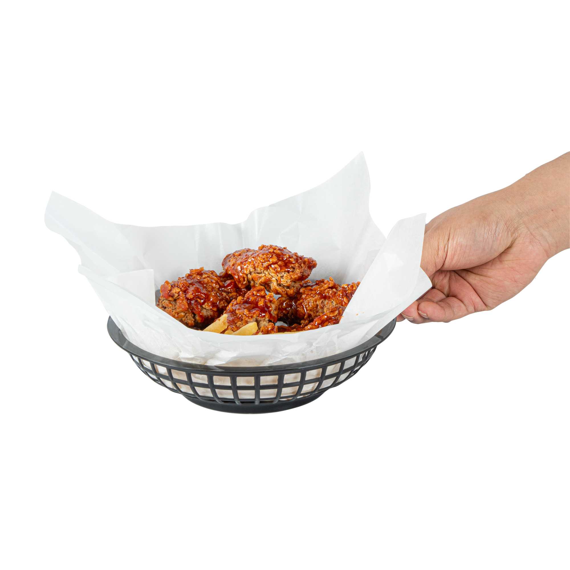 Chef 101 Round Black Plastic Fast Food Serving Basket - 7 3/4" x 7 3/4" x 2" - 10 count box