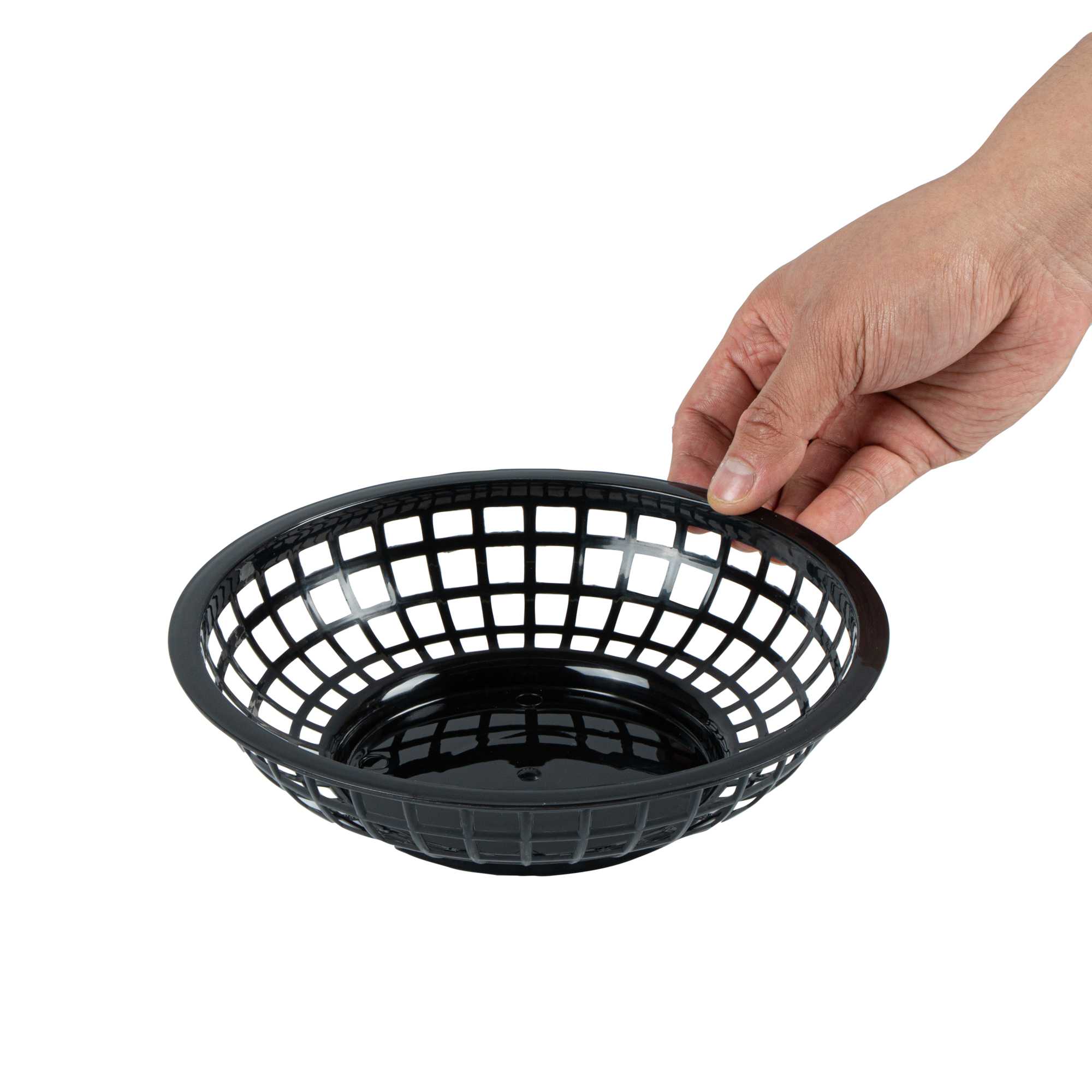 Chef 101 Round Black Plastic Fast Food Serving Basket - 7 3/4" x 7 3/4" x 2" - 10 count box