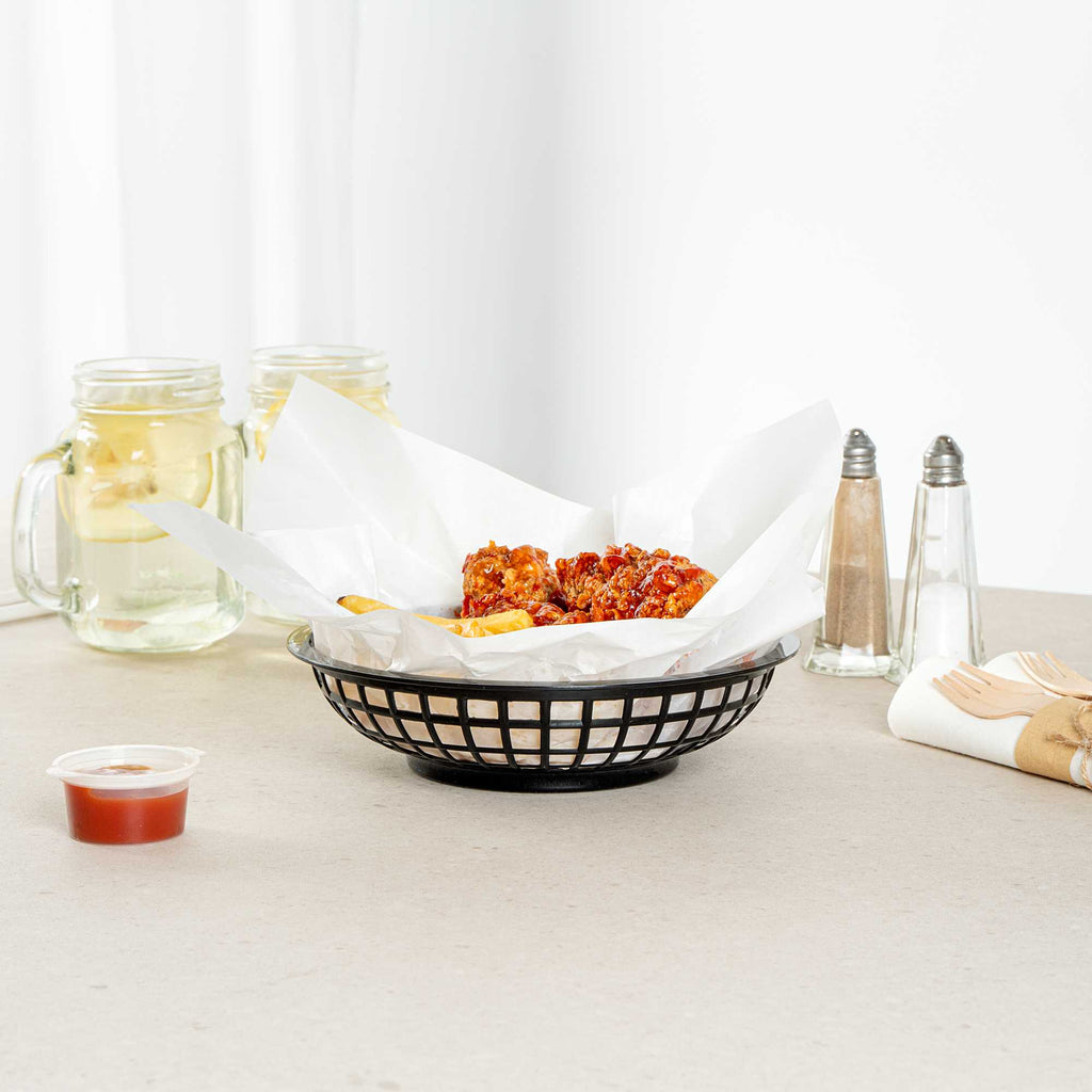 Chef 101 Round Black Plastic Fast Food Serving Basket - 7 3/4" x 7 3/4" x 2" - 10 count box