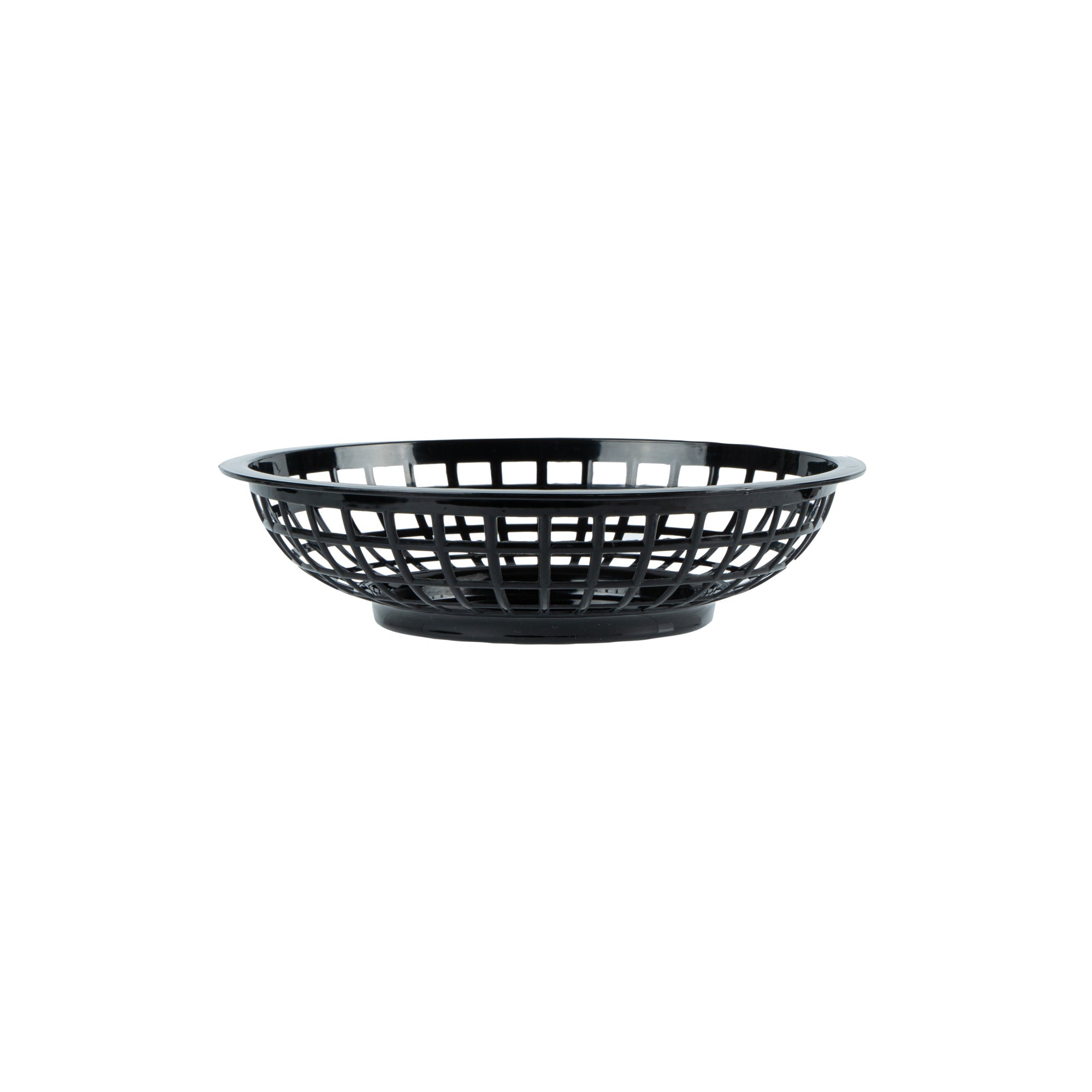 Chef 101 Round Black Plastic Fast Food Serving Basket - 7 3/4" x 7 3/4" x 2" - 100 count box