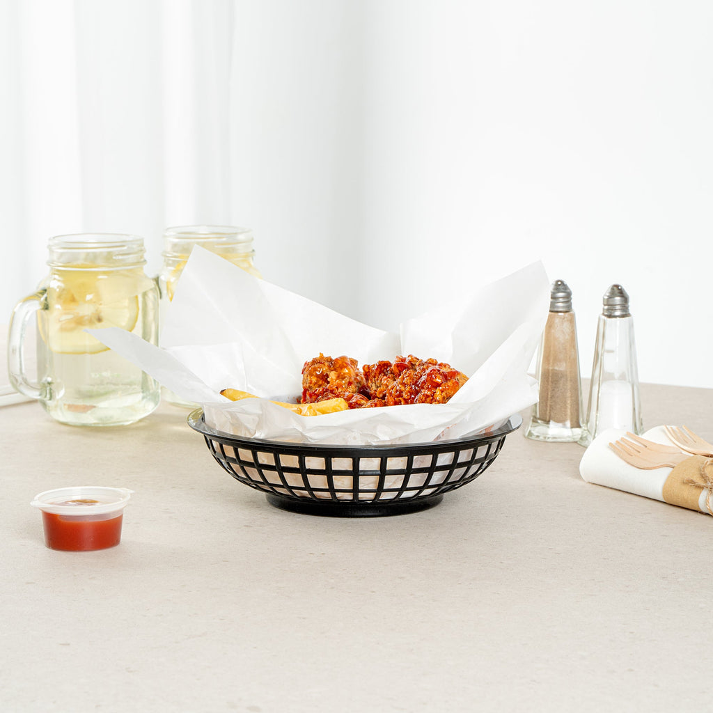 Chef 101 Round Black Plastic Fast Food Serving Basket - 7 3/4" x 7 3/4" x 2" - 100 count box
