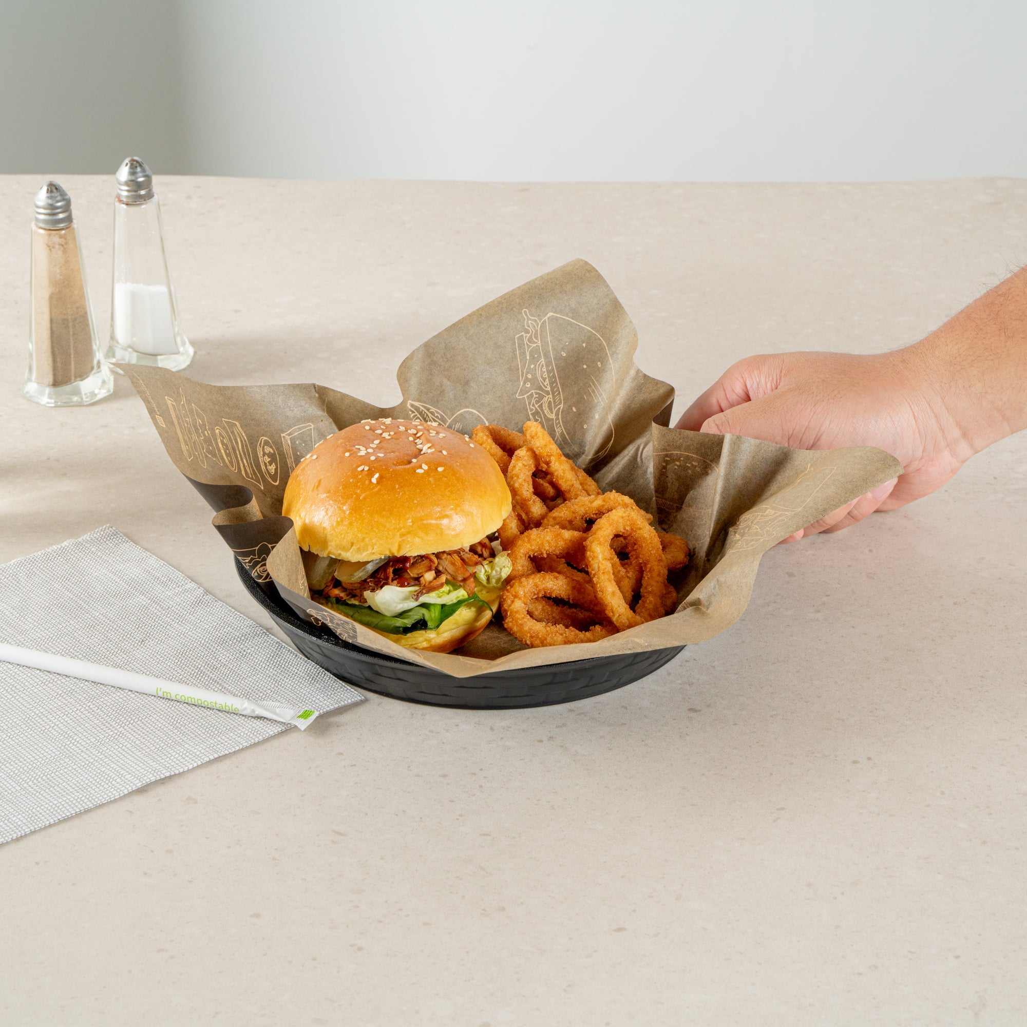 Chef 101 Round Black Plastic Diner Platter - 9" x 9" x 1 1/4" - 100 count box