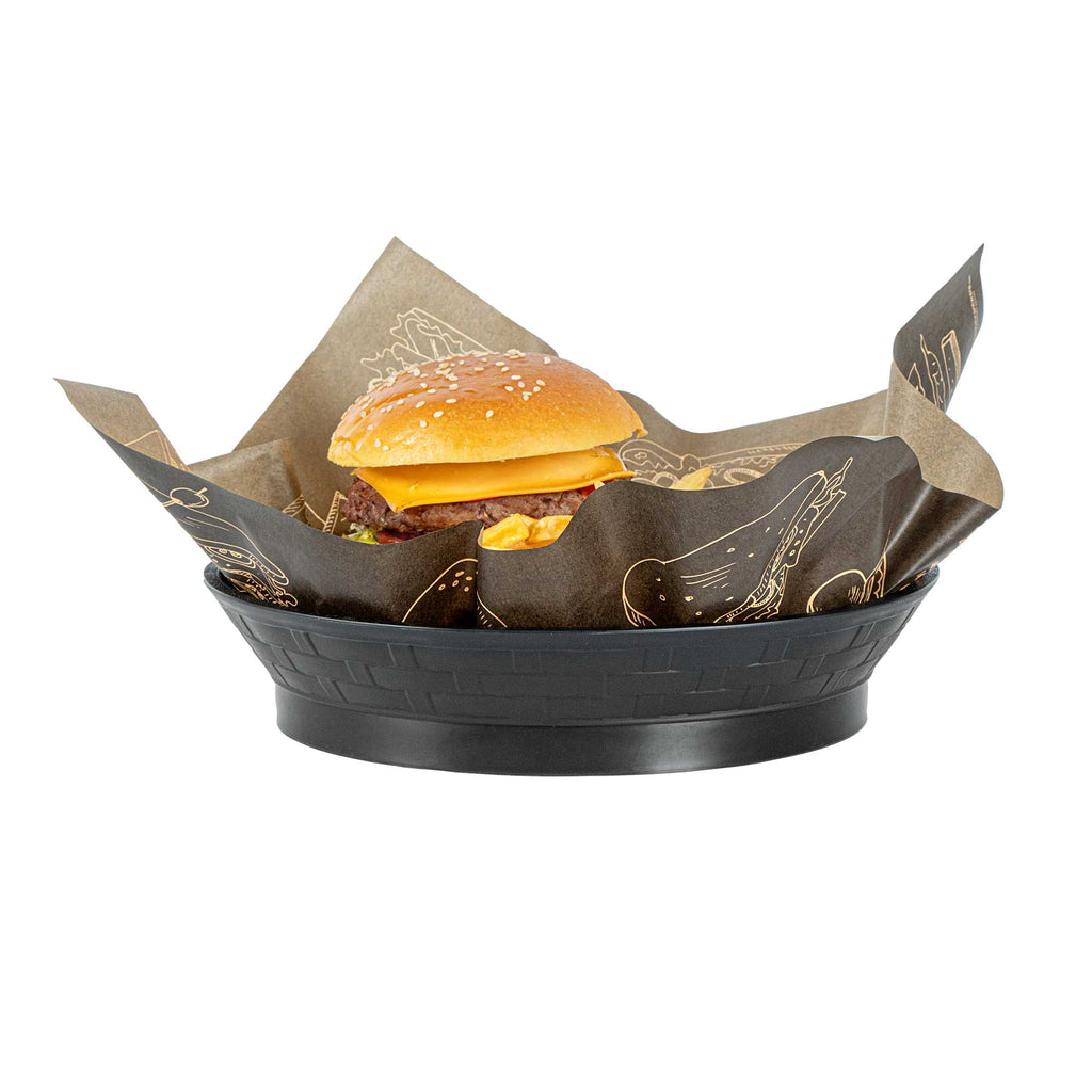Chef 101 Round Black Plastic Diner Platter - with Base - 8 3/4" x 8 3/4" x 1 3/4" - 10 count box