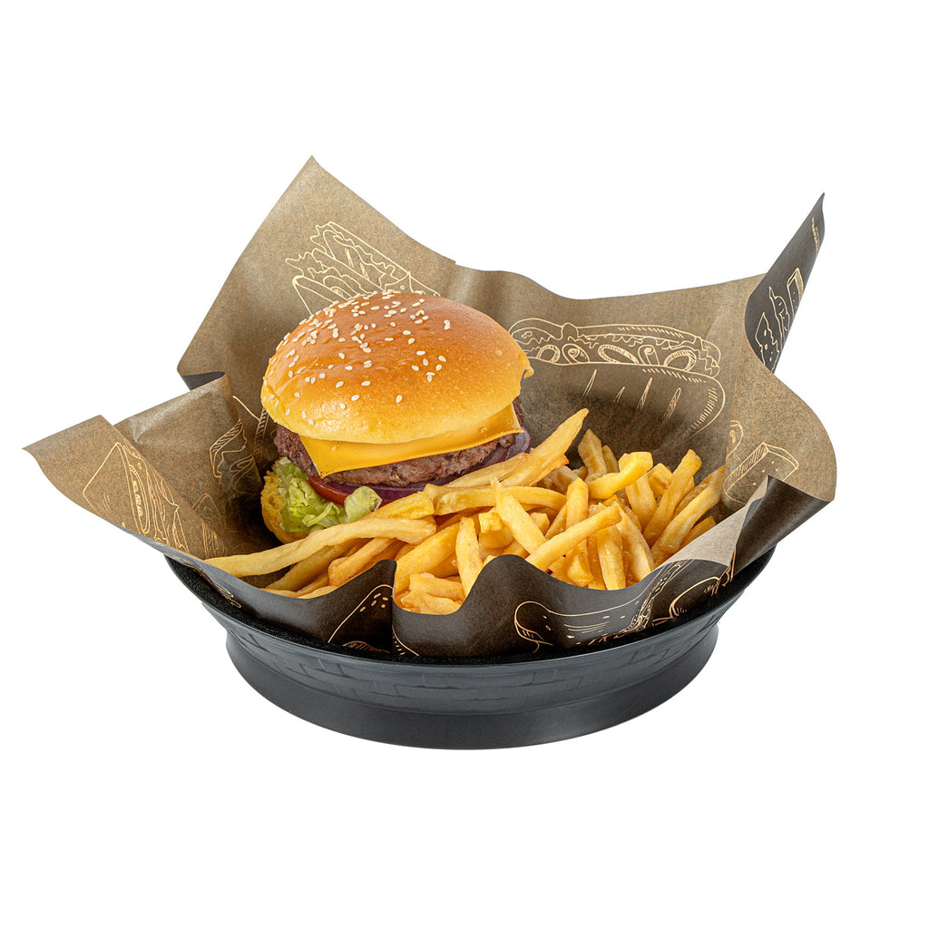Chef 101 Round Black Plastic Diner Platter - with Base - 8 3/4" x 8 3/4" x 1 3/4" - 100 count box