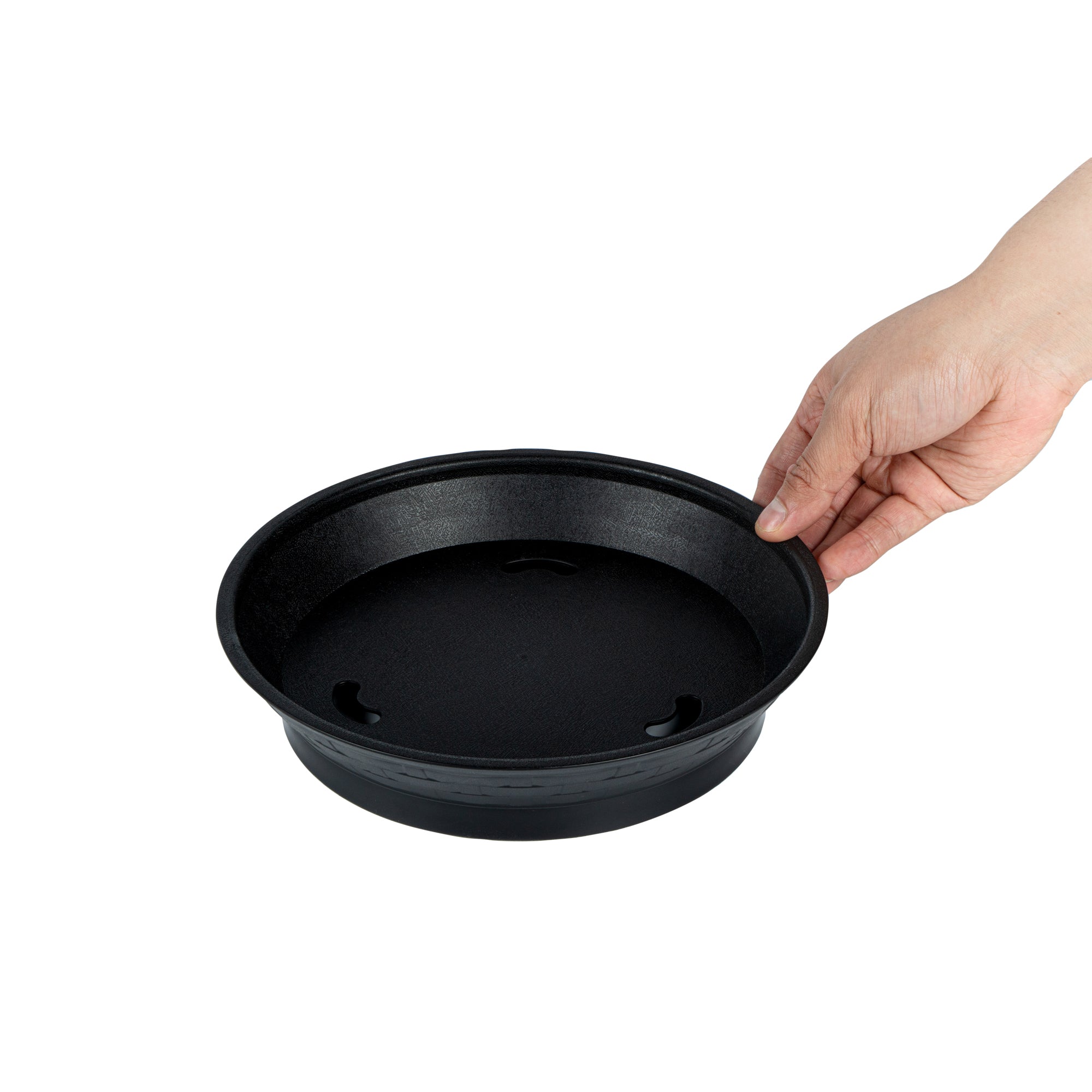 Chef 101 Round Black Plastic Diner Platter - with Base - 8 3/4" x 8 3/4" x 1 3/4" - 100 count box