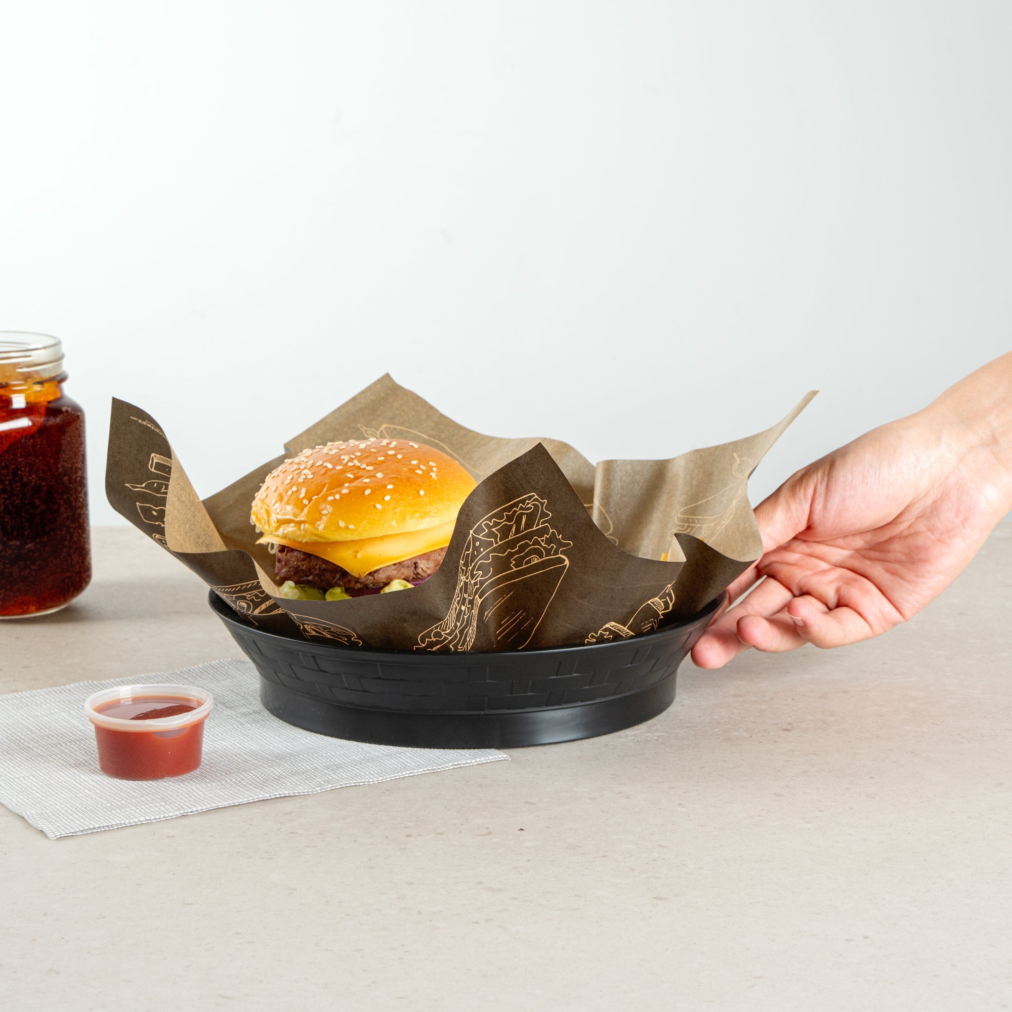 Chef 101 Round Black Plastic Diner Platter - with Base - 8 3/4" x 8 3/4" x 1 3/4" - 100 count box
