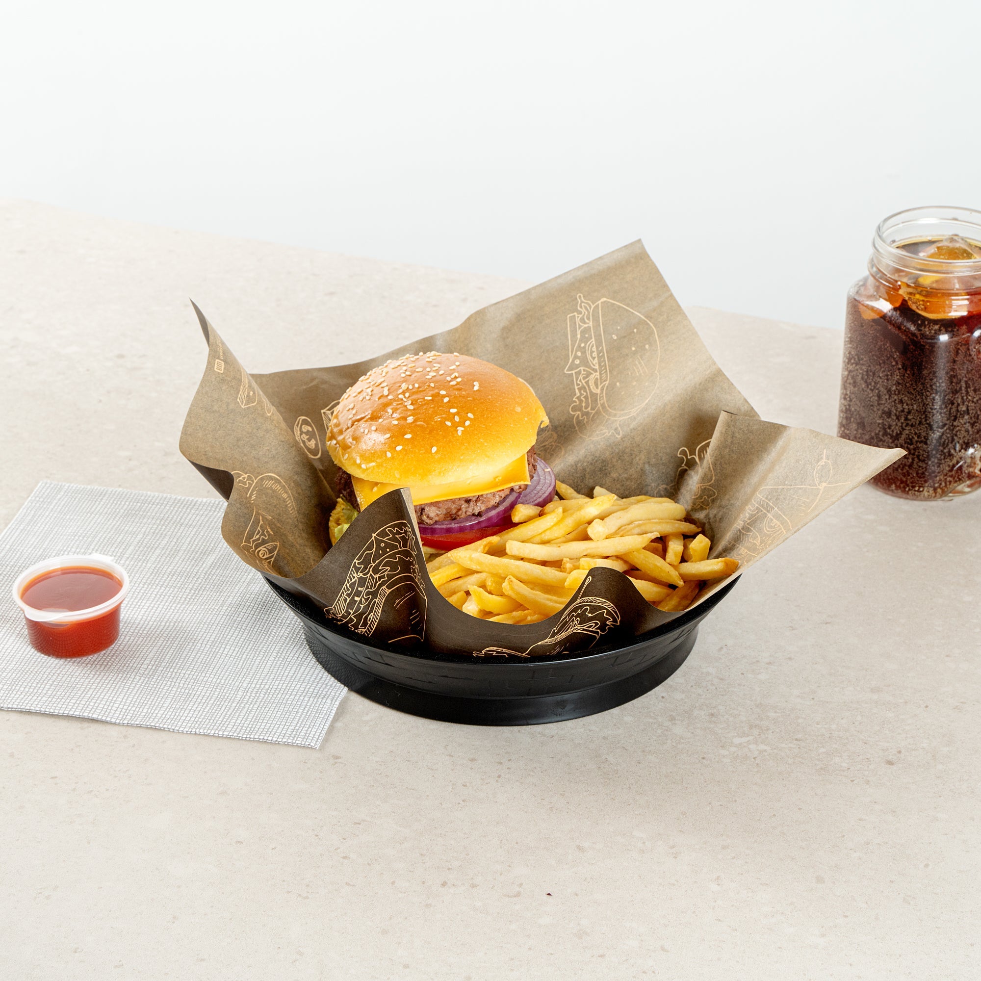Chef 101 Round Black Plastic Diner Platter - with Base - 8 3/4" x 8 3/4" x 1 3/4" - 100 count box