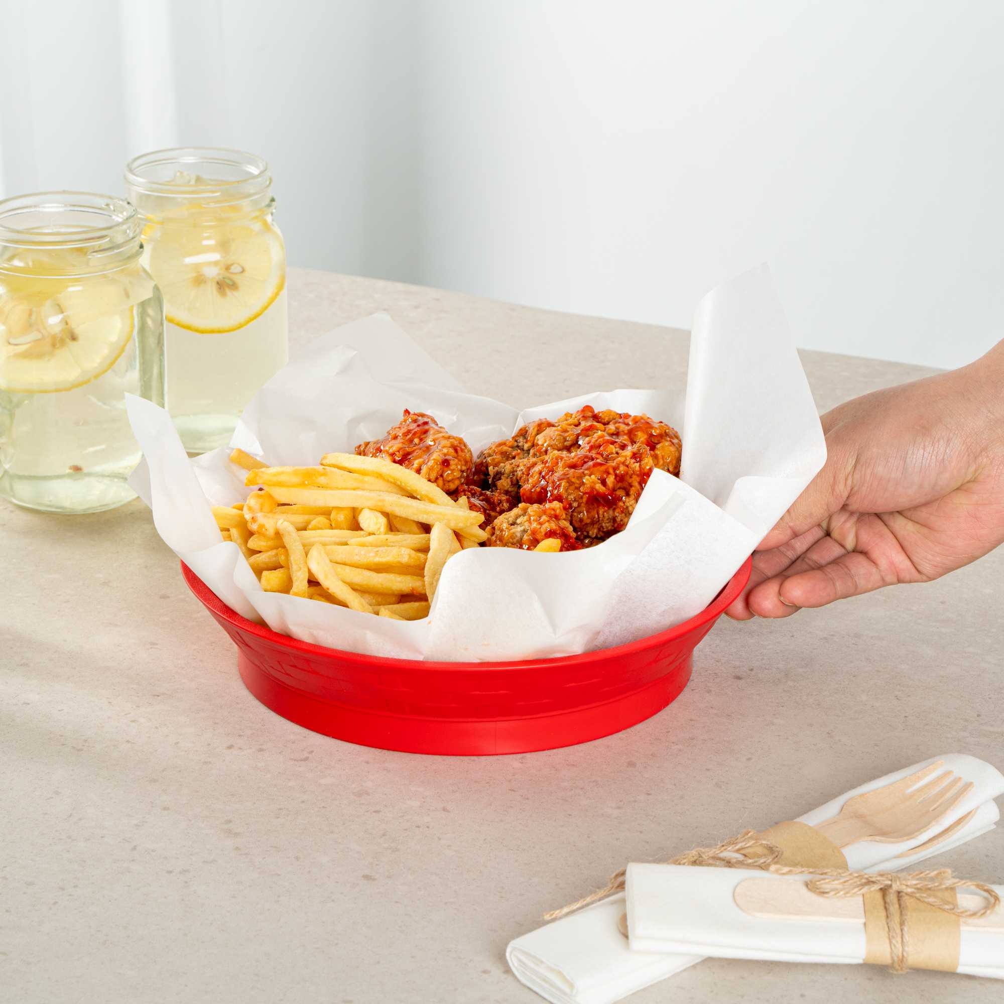 Chef 101 Round Red Plastic Diner Platter - with Base - 8 3/4" x 8 3/4" x 1 3/4" - 10 count box
