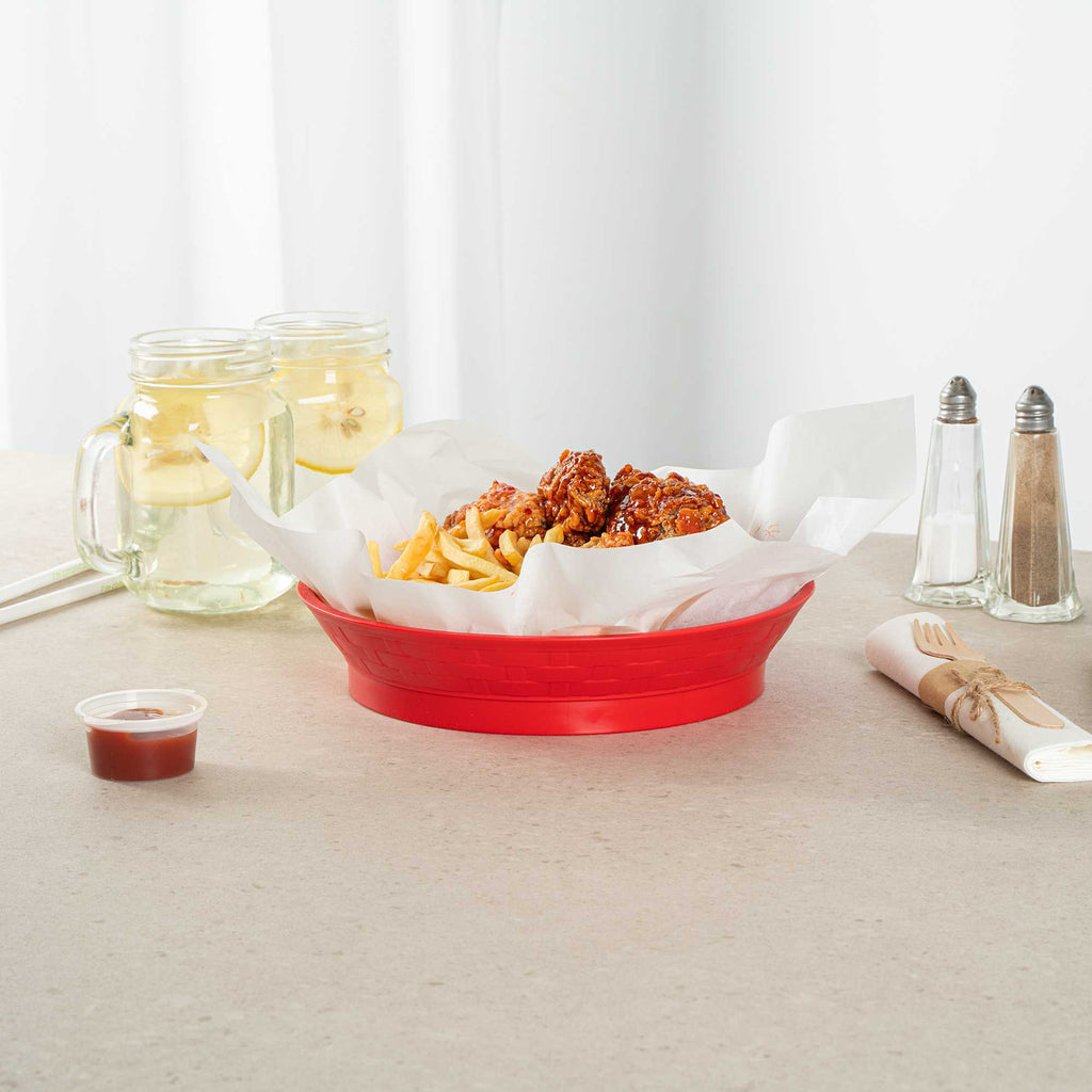 Chef 101 Round Red Plastic Diner Platter - with Base - 8 3/4" x 8 3/4" x 1 3/4" - 10 count box