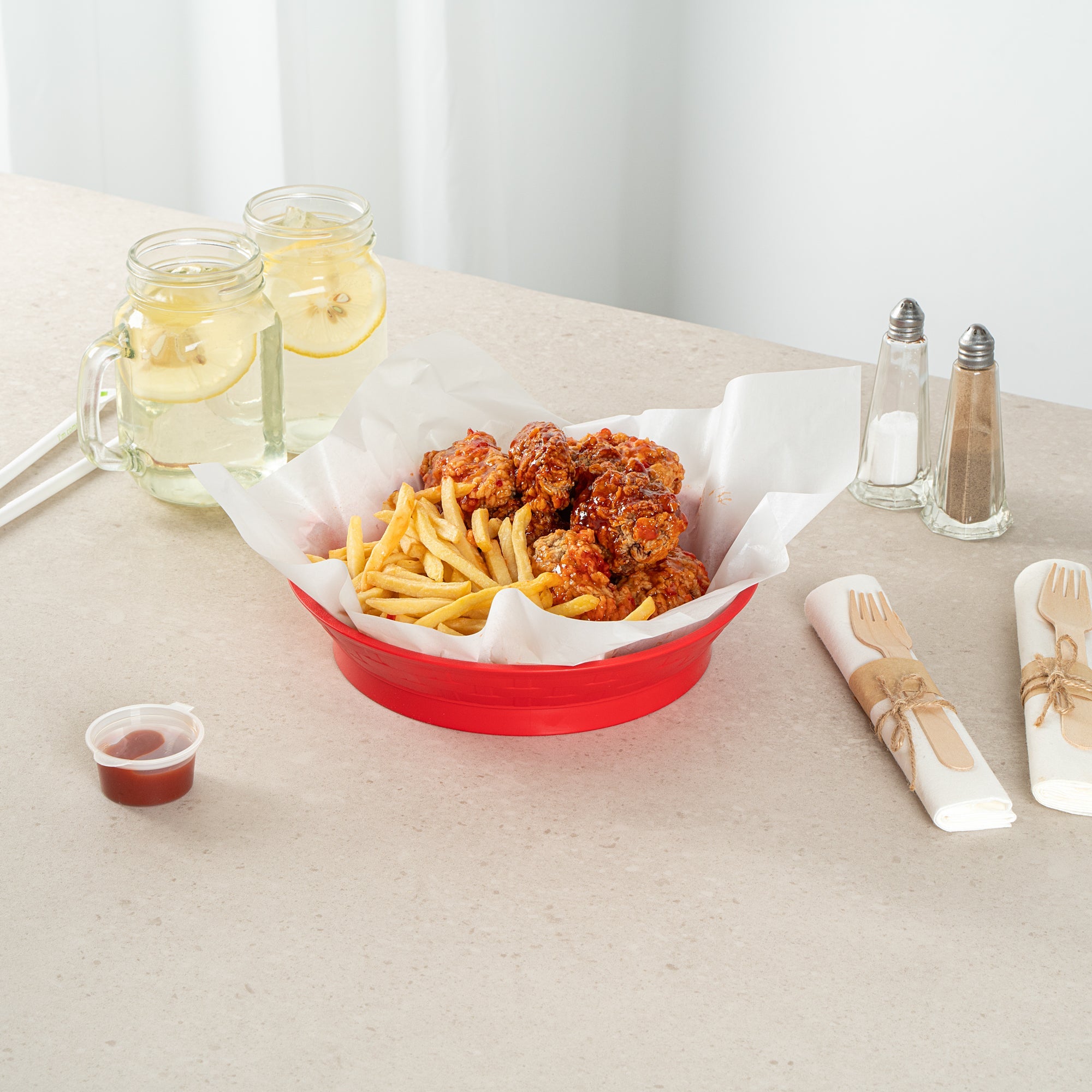 Chef 101 Round Red Plastic Diner Platter - with Base - 8 3/4" x 8 3/4" x 1 3/4" - 100 count box