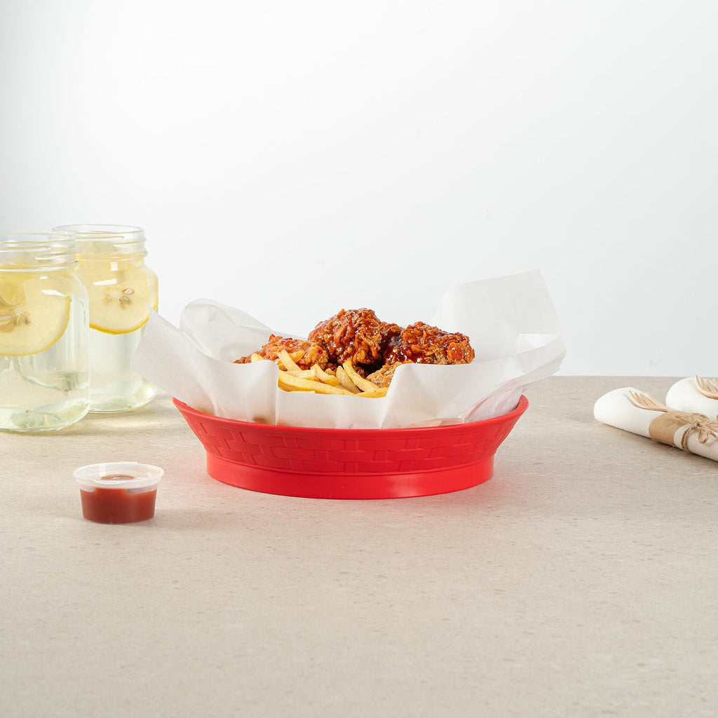 Chef 101 Round Red Plastic Diner Platter - with Base - 8 3/4" x 8 3/4" x 1 3/4" - 100 count box