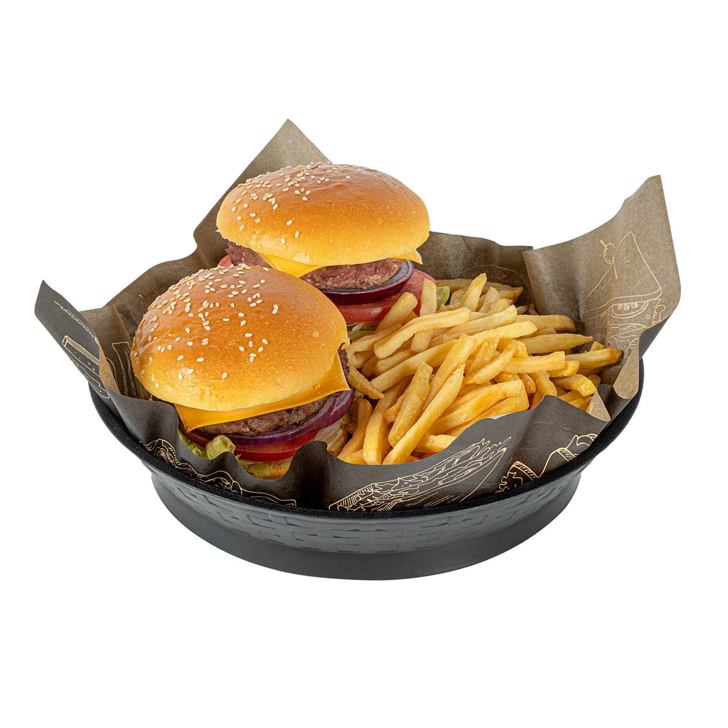 Chef 101 Round Black Plastic Diner Platter - with Base - 10 1/2" x 10 1/2" x 2 1/4" - 10 count box