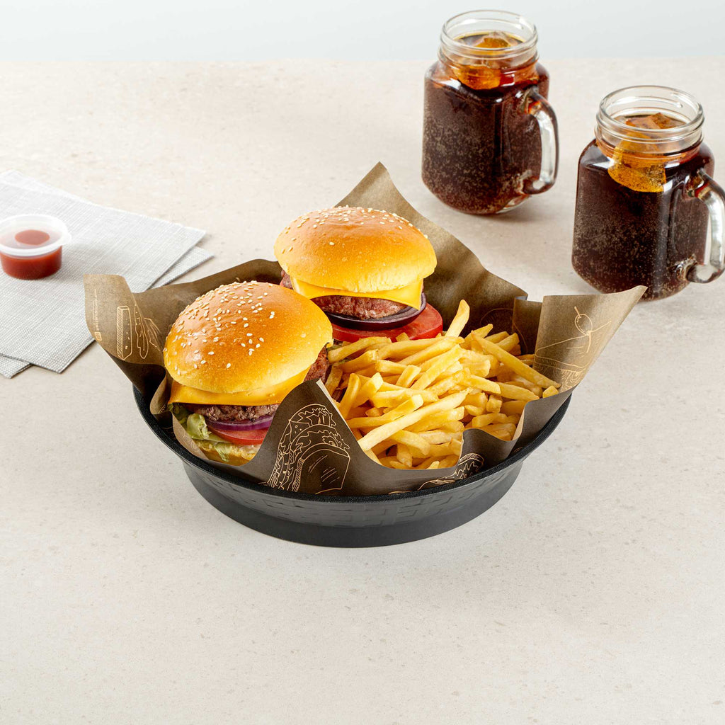 Chef 101 Round Black Plastic Diner Platter - with Base - 10 1/2" x 10 1/2" x 2 1/4" - 10 count box