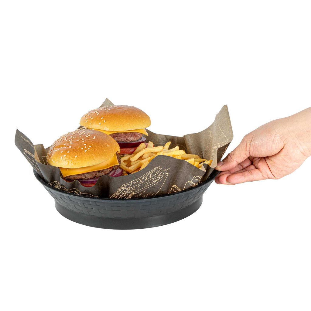 Chef 101 Round Black Plastic Diner Platter - with Base - 10 1/2" x 10 1/2" x 2 1/4" - 10 count box