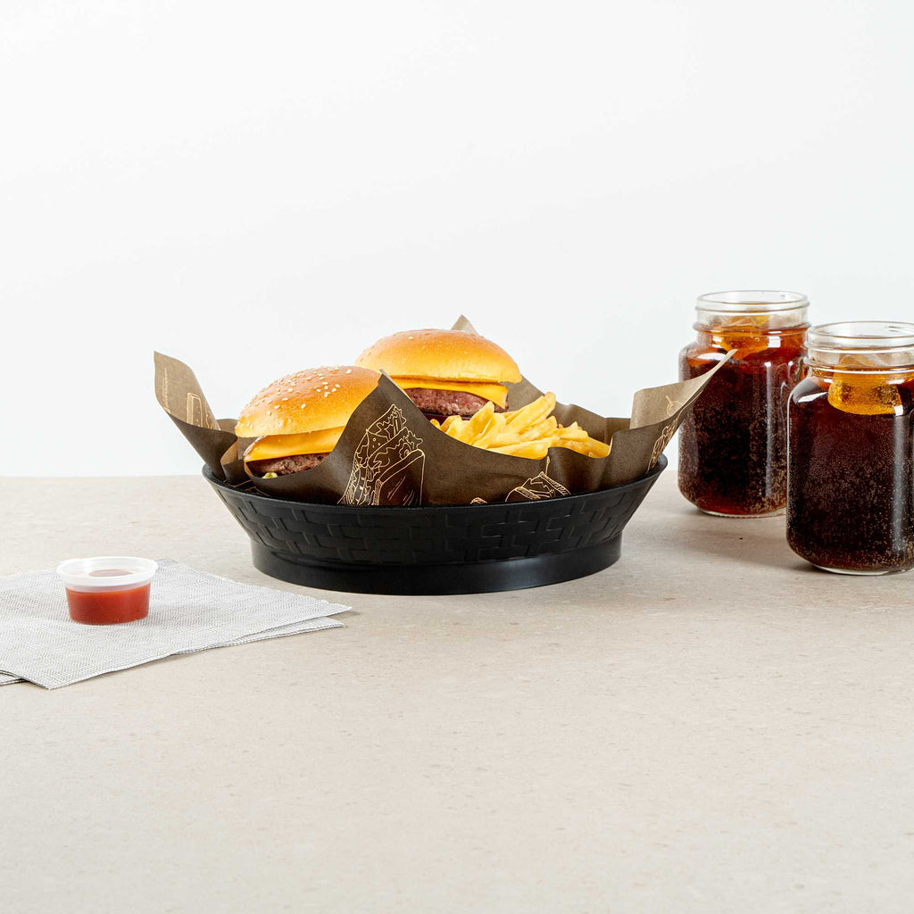 Chef 101 Round Black Plastic Diner Platter - with Base - 10 1/2" x 10 1/2" x 2 1/4" - 10 count box
