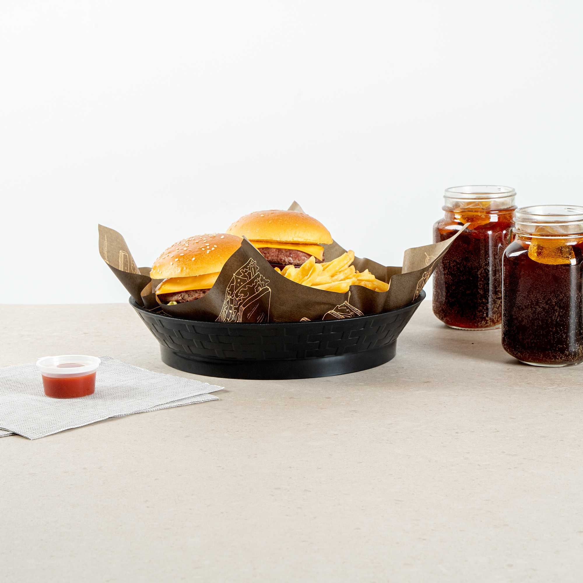 Chef 101 Round Black Plastic Diner Platter - with Base - 10 1/2" x 10 1/2" x 2 1/4" - 10 count box