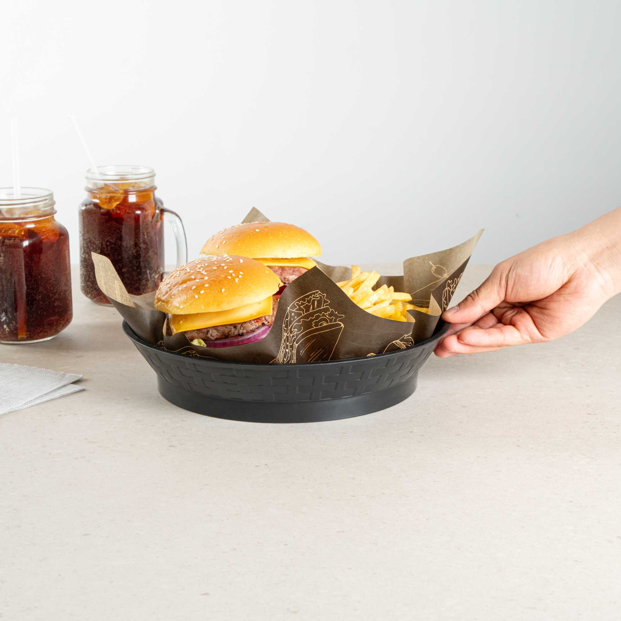 Chef 101 Round Black Plastic Diner Platter - with Base - 10 1/2" x 10 1/2" x 2 1/4" - 10 count box