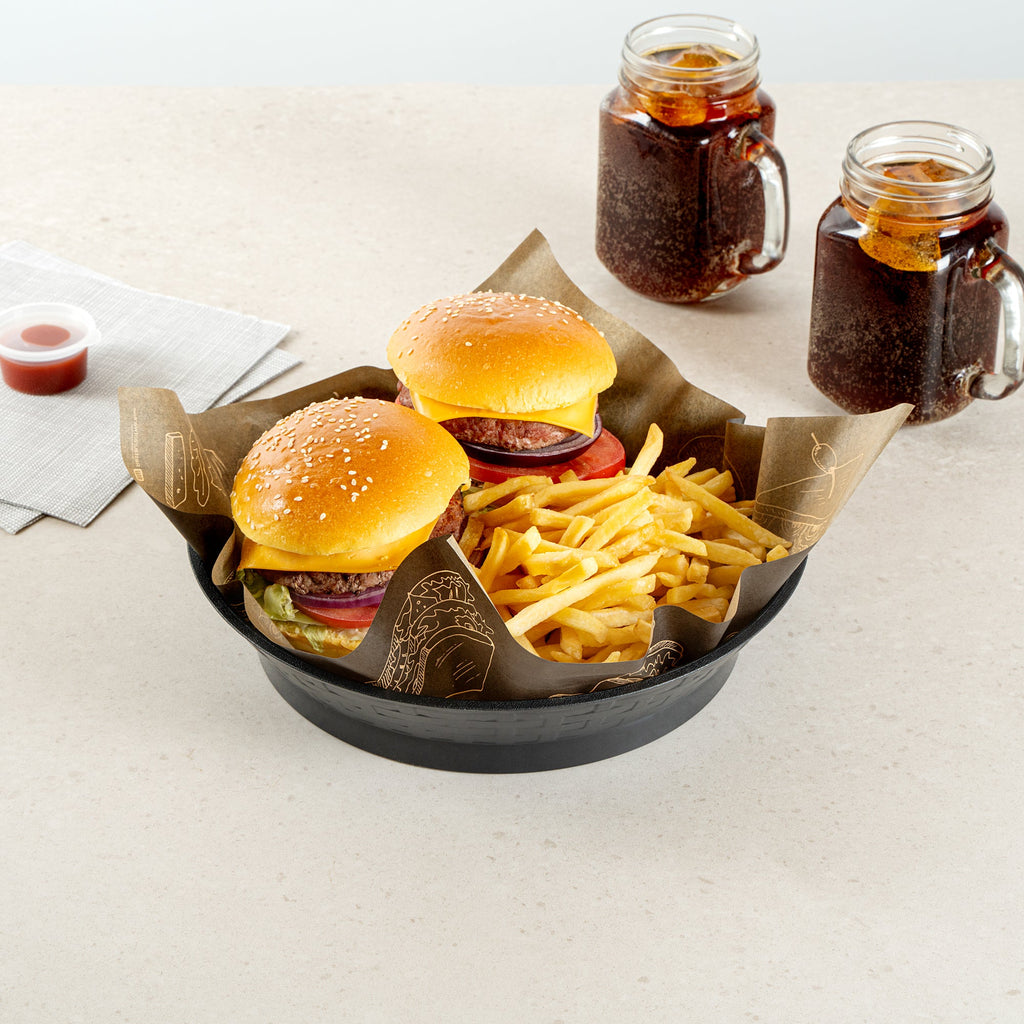 Chef 101 Round Black Plastic Diner Platter - with Base - 10 1/2" x 10 1/2" x 2 1/4" - 100 count box