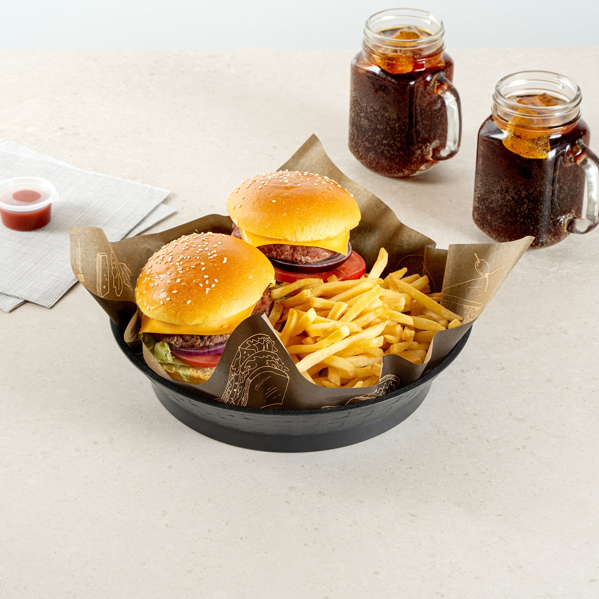 Chef 101 Round Black Plastic Diner Platter - with Base - 10 1/2" x 10 1/2" x 2 1/4" - 100 count box