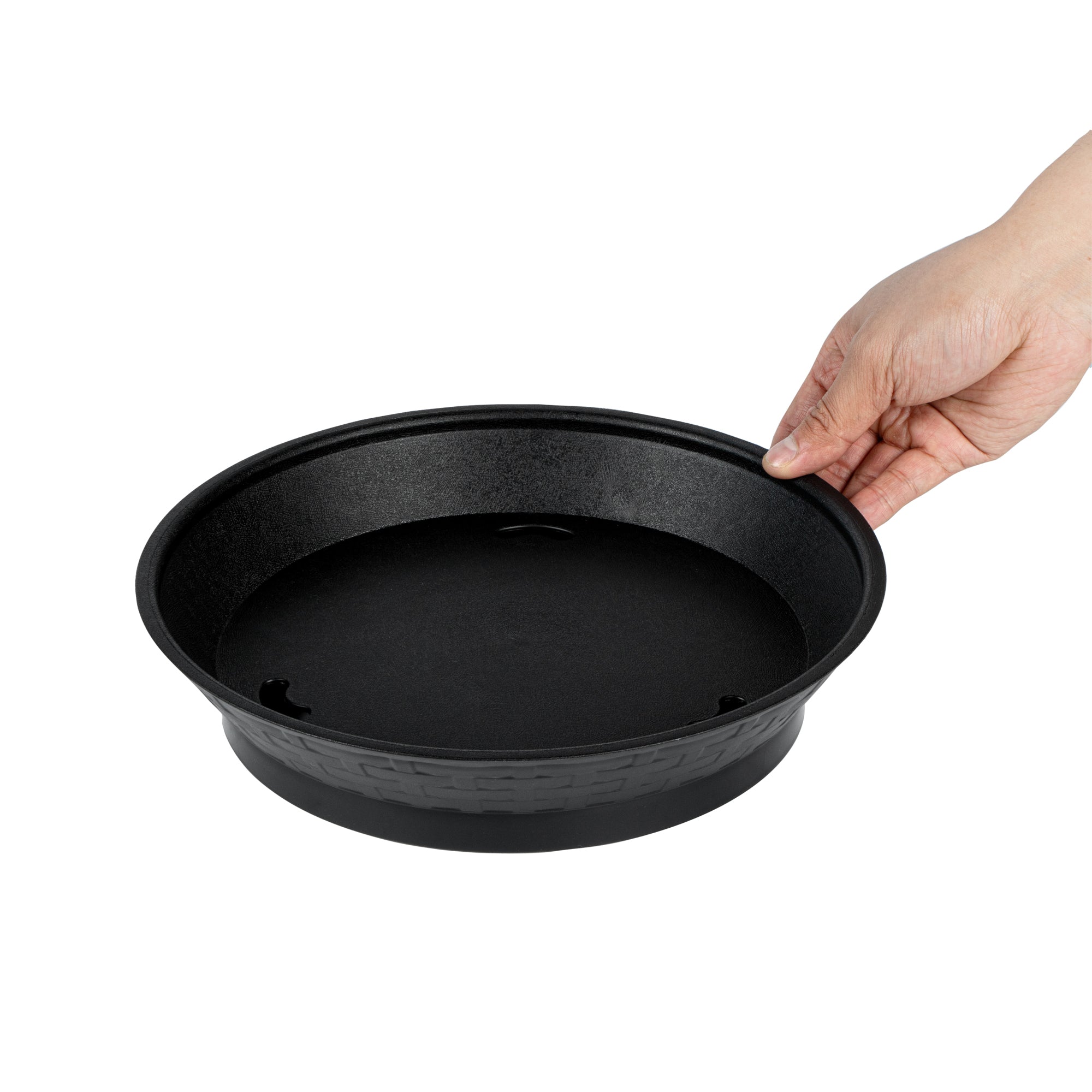 Chef 101 Round Black Plastic Diner Platter - with Base - 10 1/2" x 10 1/2" x 2 1/4" - 100 count box