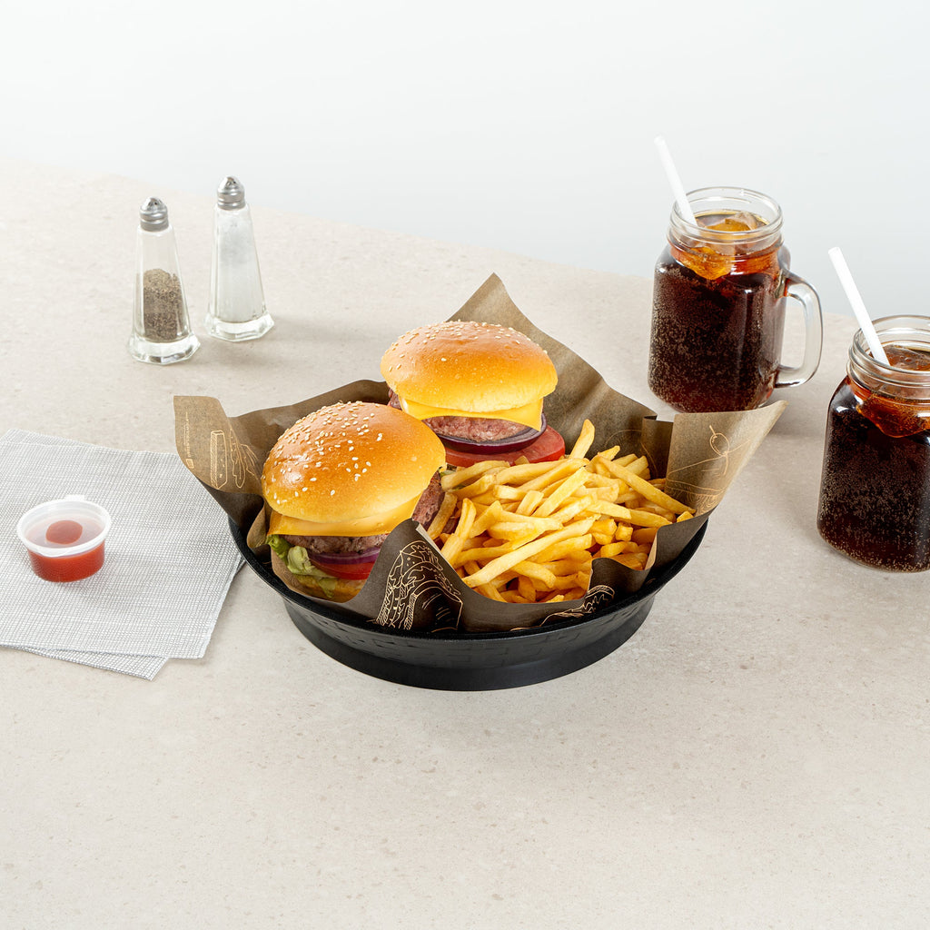 Chef 101 Round Black Plastic Diner Platter - with Base - 10 1/2" x 10 1/2" x 2 1/4" - 100 count box