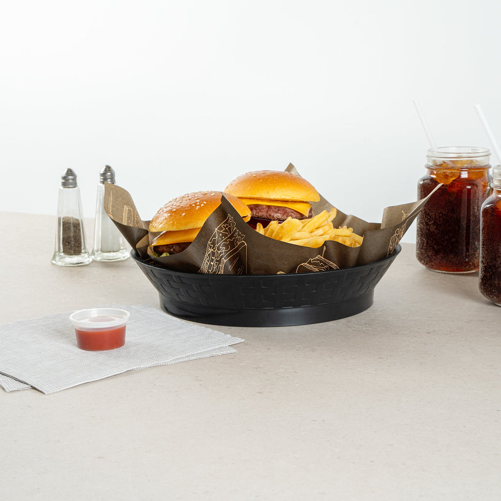 Chef 101 Round Black Plastic Diner Platter - with Base - 10 1/2" x 10 1/2" x 2 1/4" - 100 count box