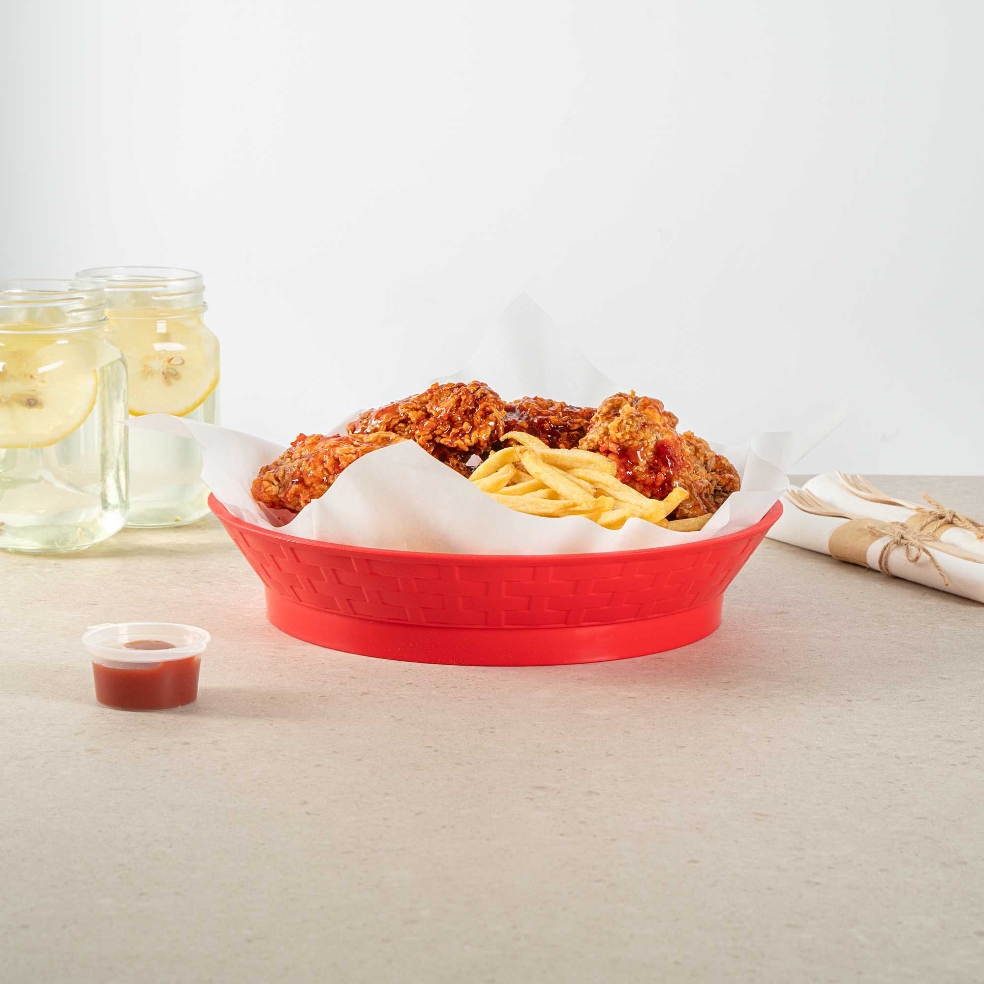 Chef 101 Round Red Plastic Diner Platter - with Base - 10 1/2" x 10 1/2" x 2 1/4" - 10 count box