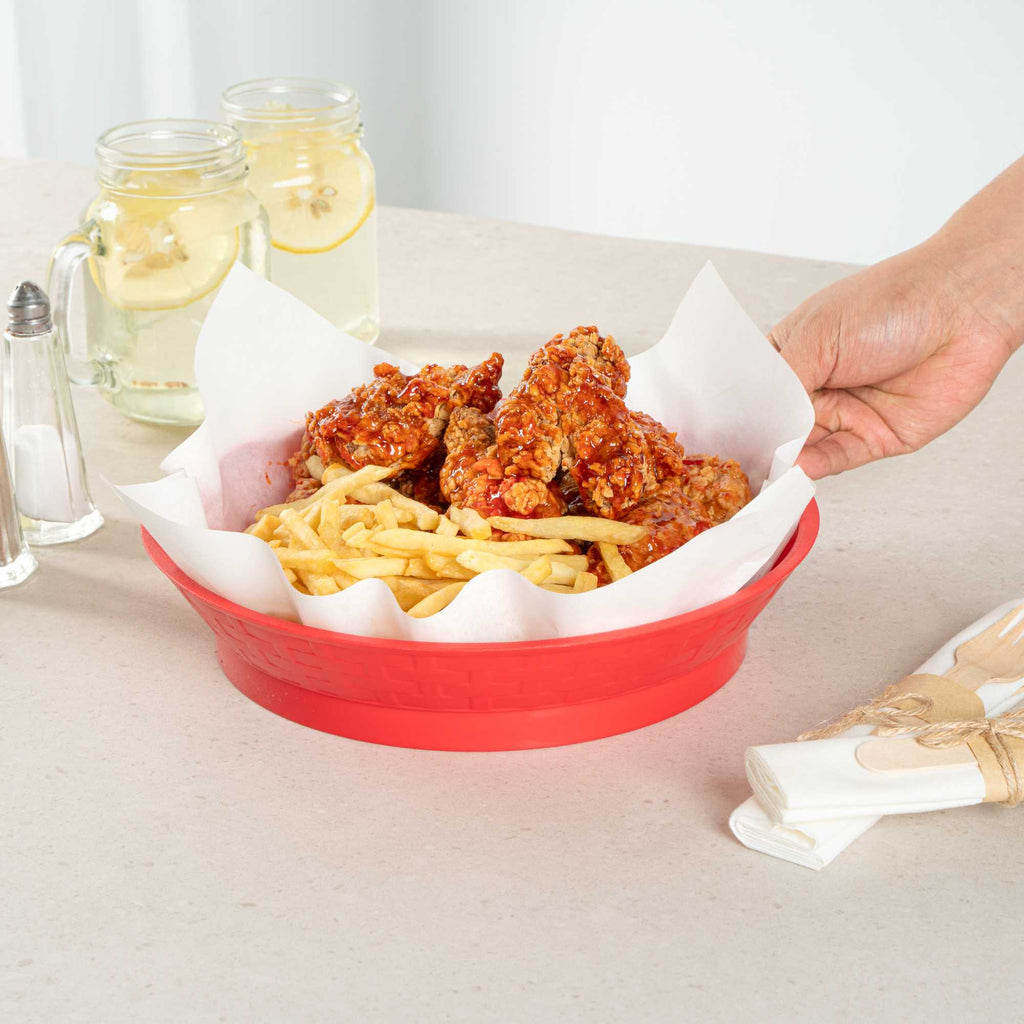 Chef 101 Round Red Plastic Diner Platter - with Base - 10 1/2" x 10 1/2" x 2 1/4" - 10 count box