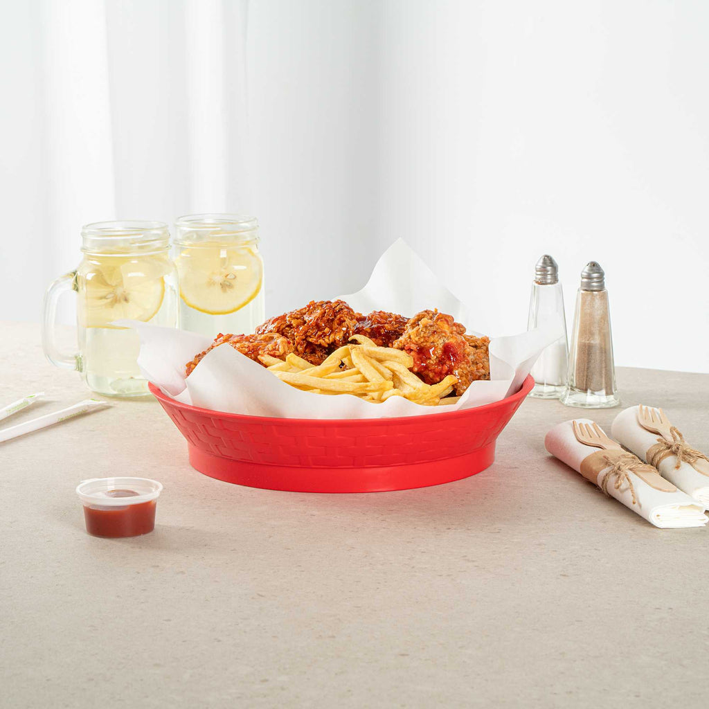Chef 101 Round Red Plastic Diner Platter - with Base - 10 1/2" x 10 1/2" x 2 1/4" - 10 count box