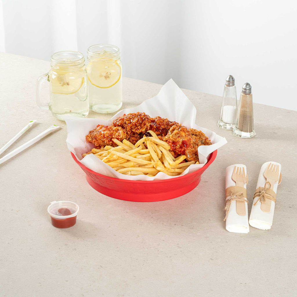 Chef 101 Round Red Plastic Diner Platter - with Base - 10 1/2" x 10 1/2" x 2 1/4" - 10 count box